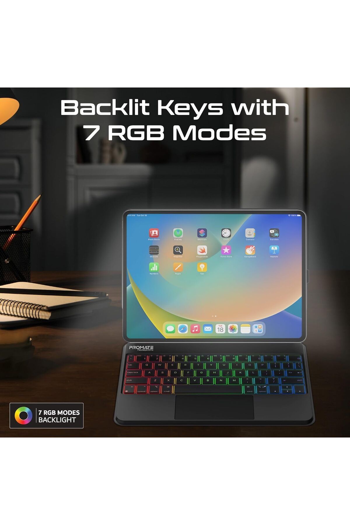 Promate-Foldable Wireless Keyboard for iPad with RGB Backlight and Multi-Function Touchpad, Smart Co 7