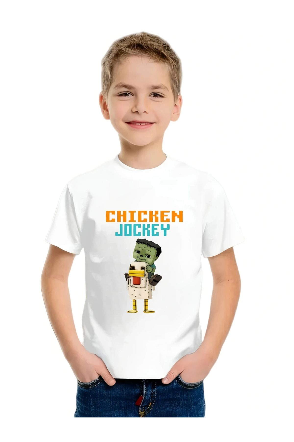 aynewmoda Erkek Çocuk Piksel Sanat Baskılı Tişört - "CHICKEN JOCKEY" Yazısı, Kısa Kollu Tişört