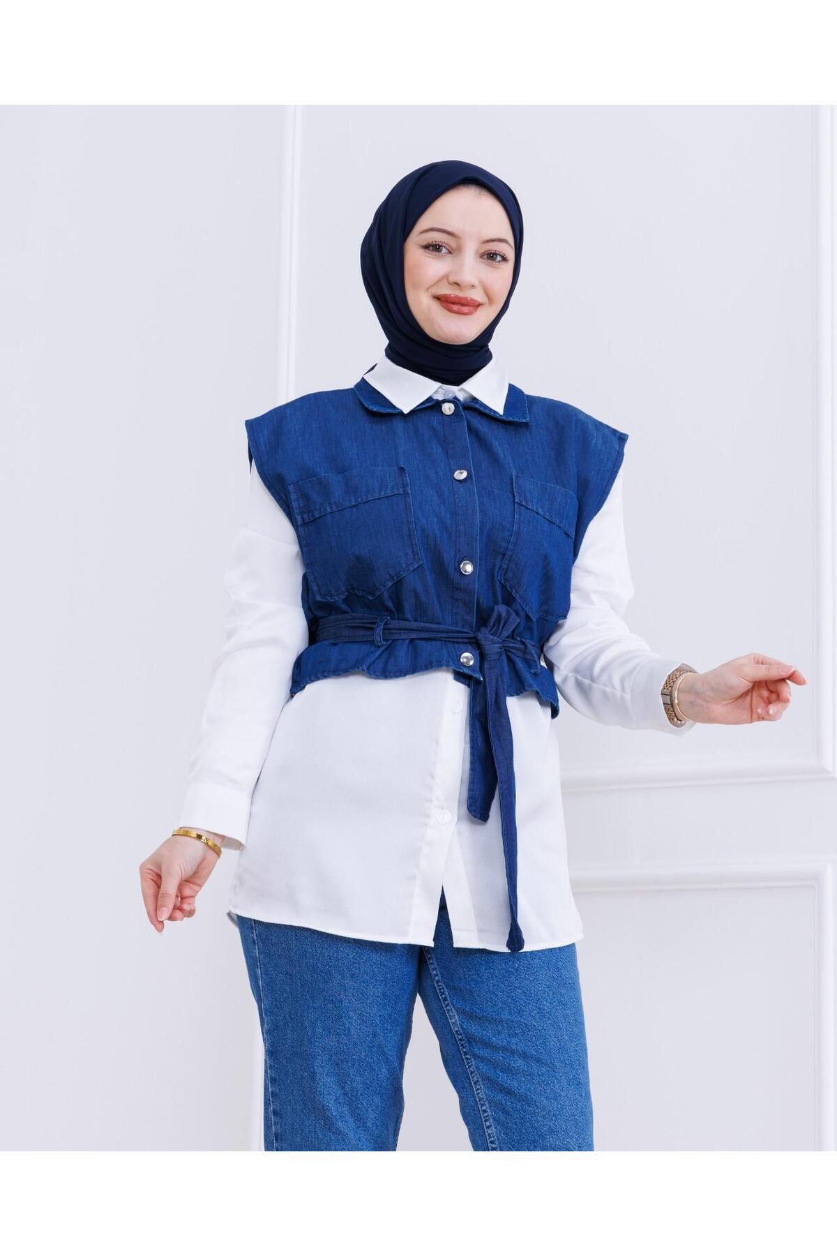 ELONİ GÖMLEK-KOT YELEK KUŞAKLI İKİLİ ÜST GİYİM