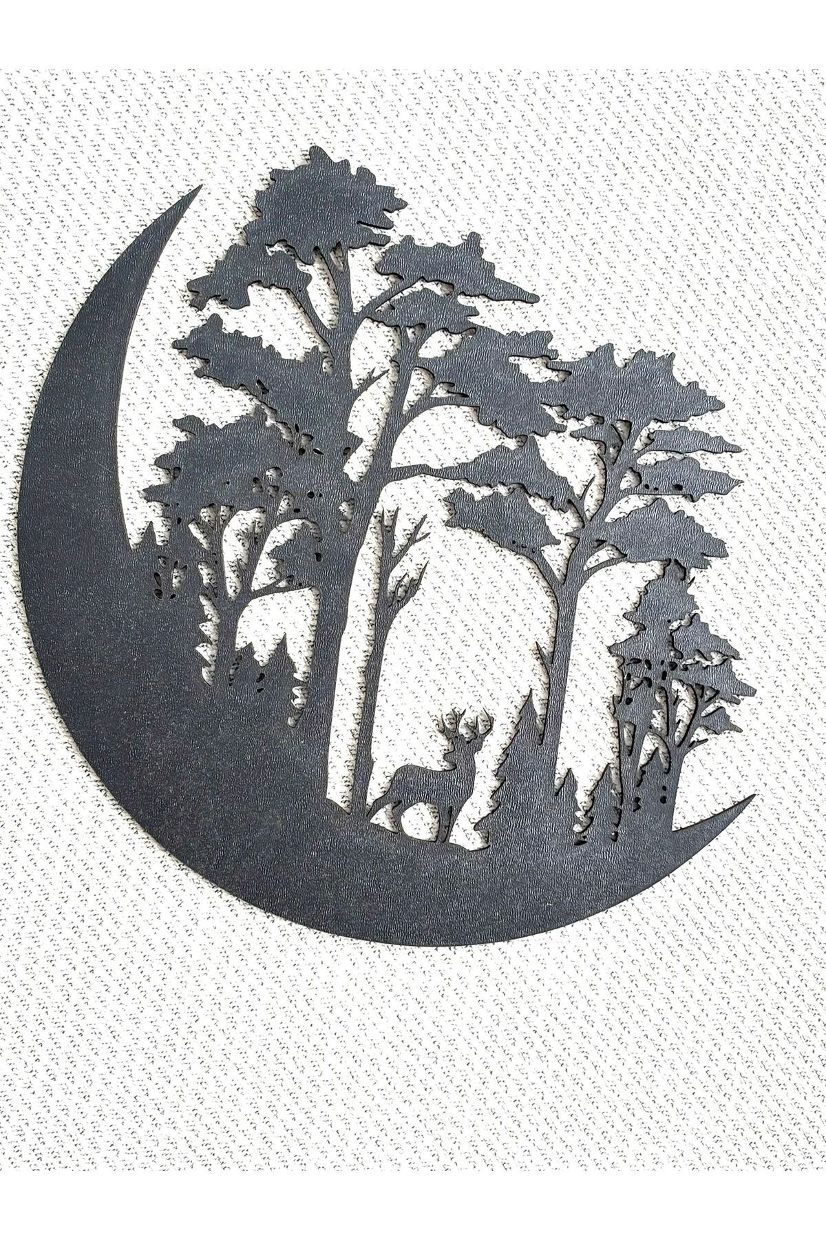M&T WORKSHOP Ahşap Duvar Süsü Ay Üstünde Geyik ve Orman Manzarası Ahşap Tablo 20x20cm