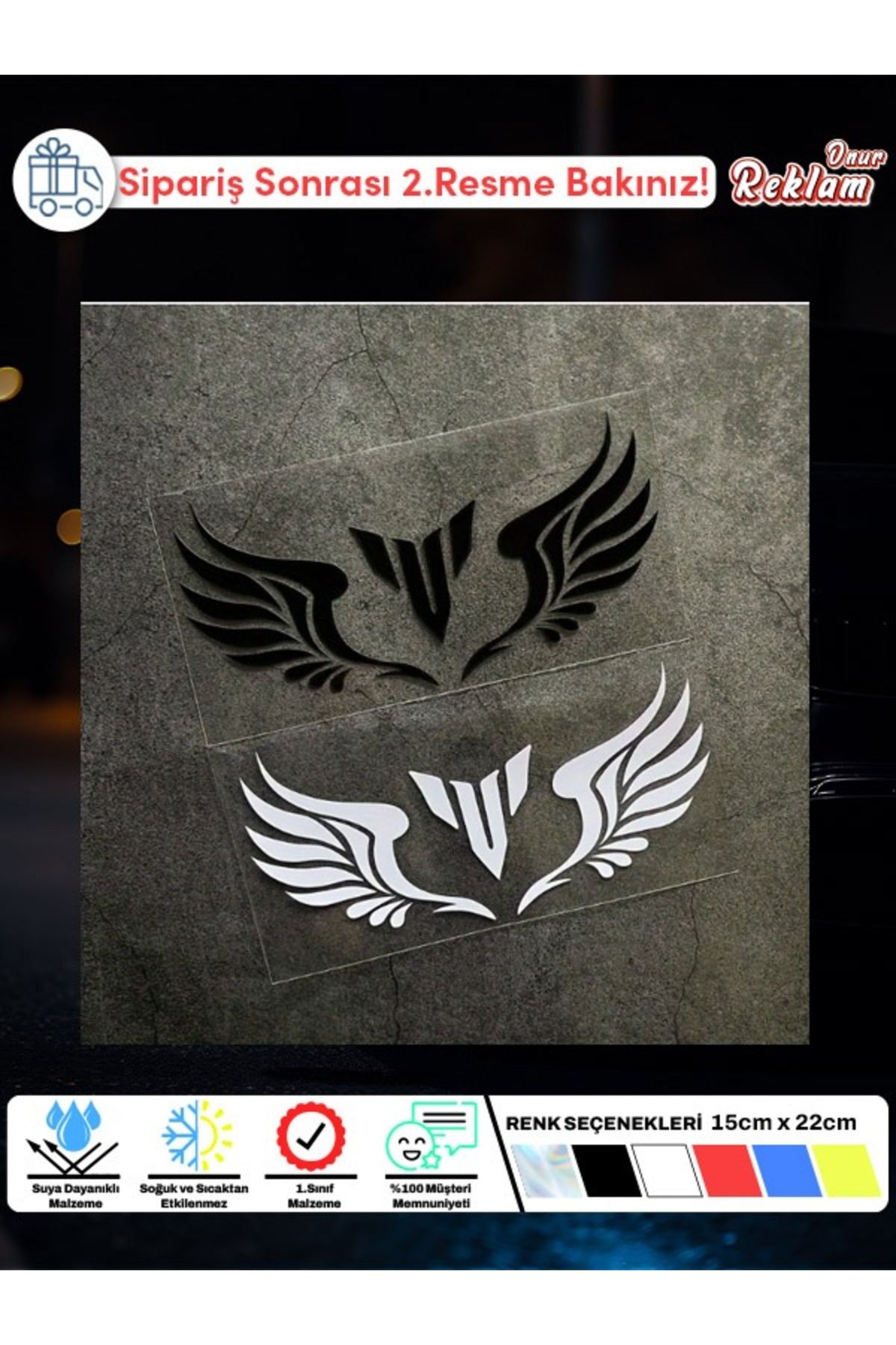 Onur Reklam V Harfi Kanat Desenli Araç Sticker – 15x22 cm – Suya Dayanıklı