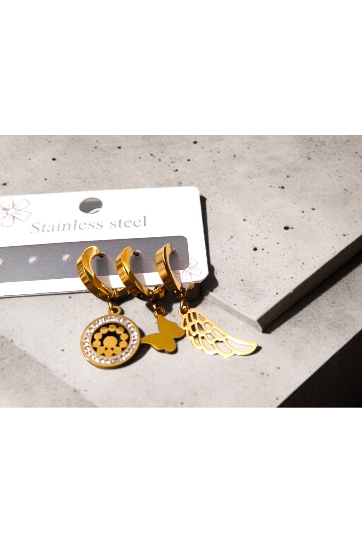 CLOVER JEWELRY Üçlü Gold Çelik Küpe Çoklu Kadın Küpe