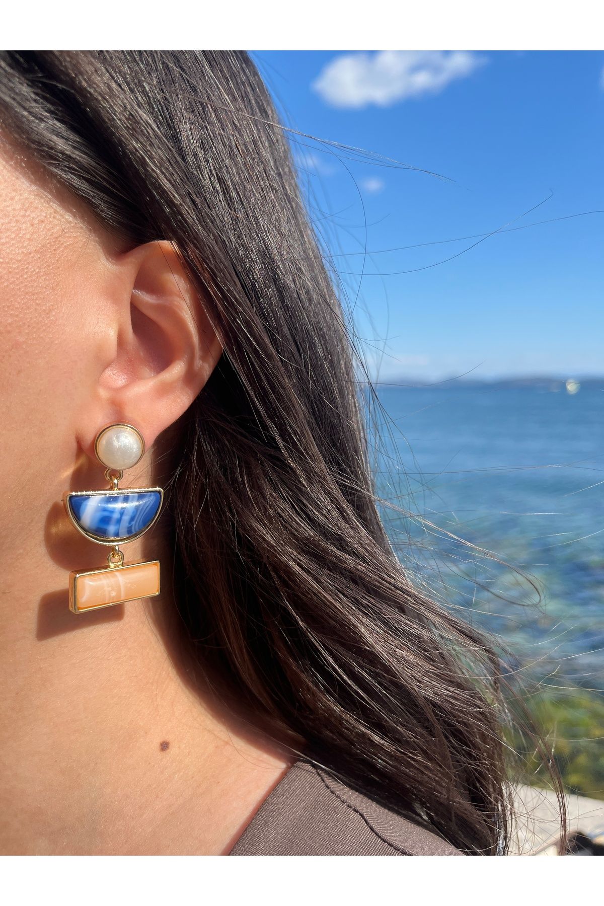 Lilac Jewelry Mavi Kahve Taş Detaylı Şık Tasarım Küpe