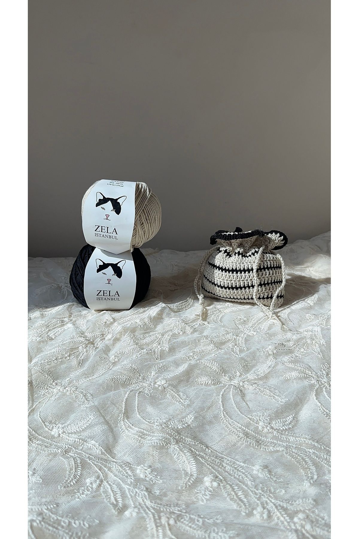 ZELA Mini Pouch siyah krem örgü el yapımı kese toka kesesi