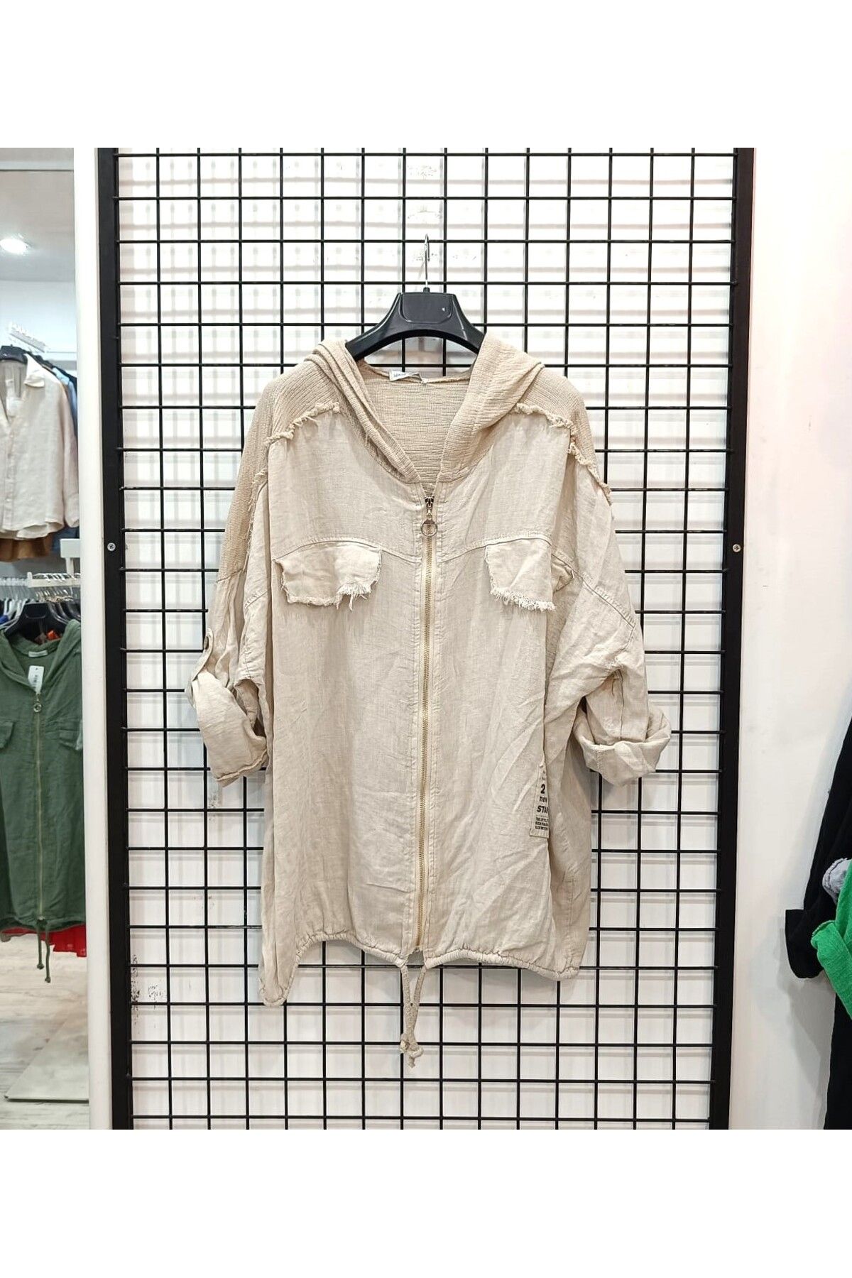 Butik Şans Kapüşonlu File Detaylı Fermuarlı İtalyan Keten Ceket