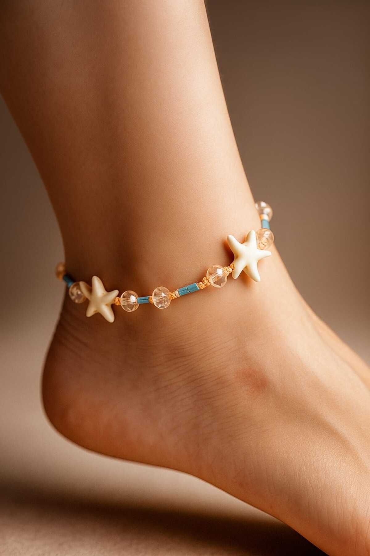 CLOVER JEWELRY Doğal Deniz Yıldızı Taşlı Renkli Boncuk Halhal – Ayarlanabilir Yazlık Halhal