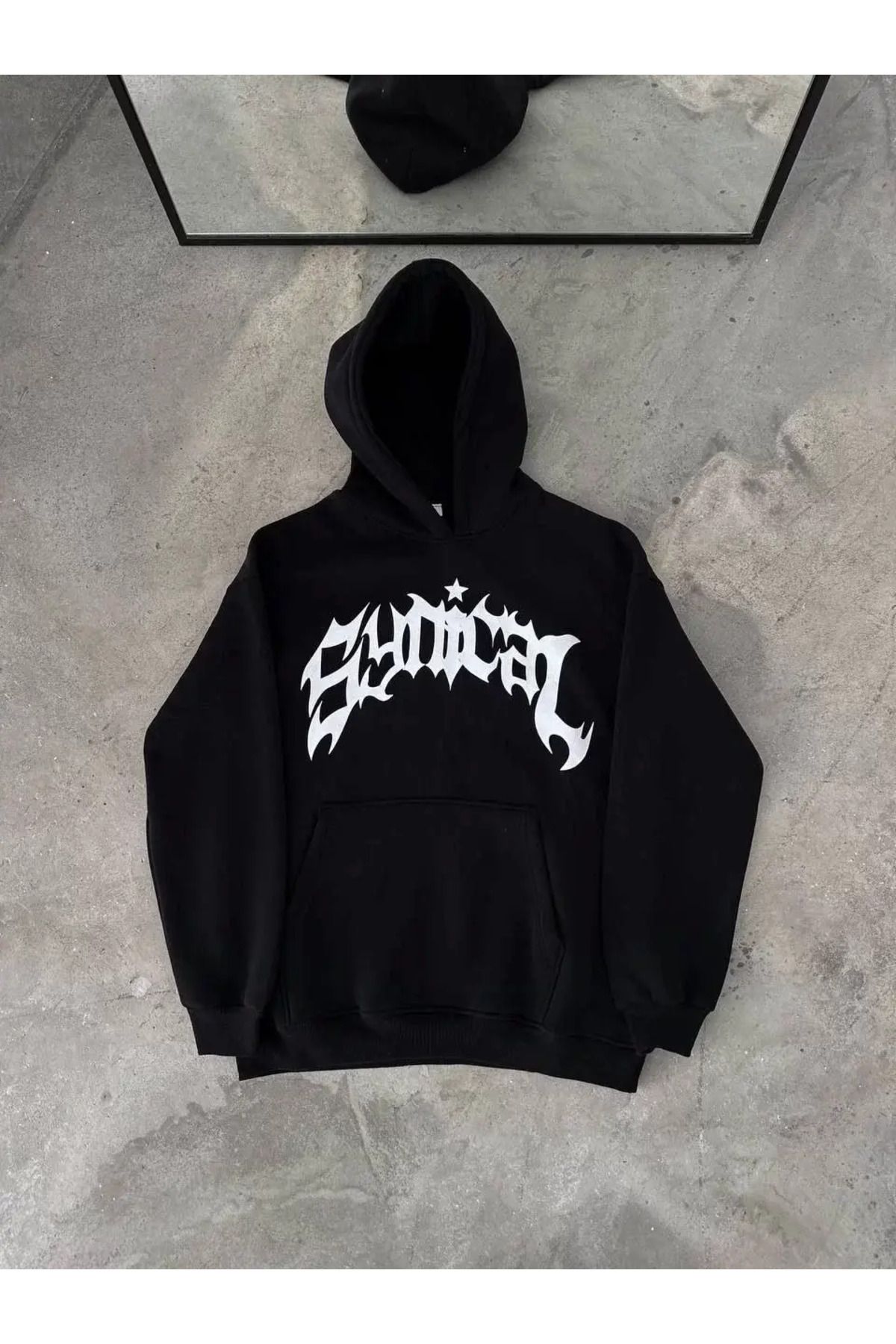 Byozze Üç İplik Kapüşonlu Baskılı Oversize SweatShirt- Siyah