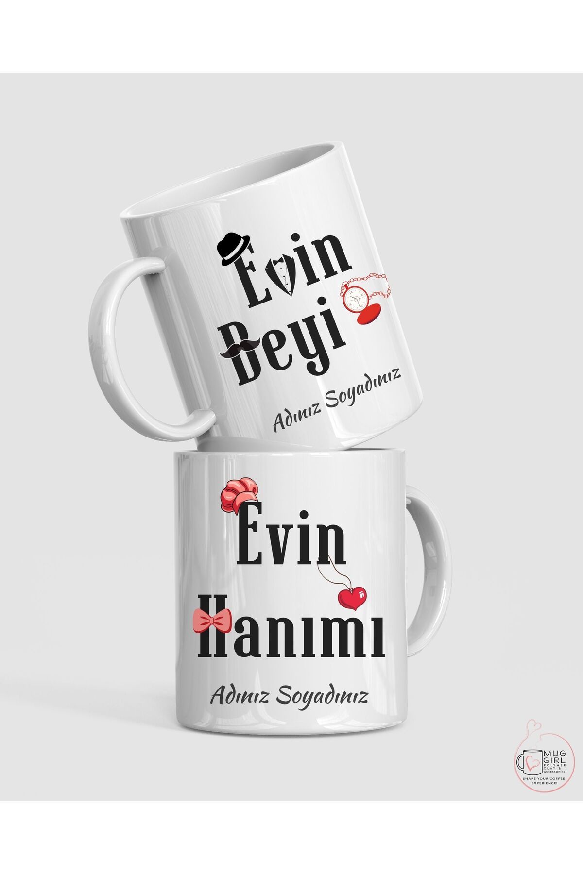 kuphane Kişiye Özel Evin Hanımı & Evin Beyi Baskılı Çift Hediyesi - İkili Kupa Bardak