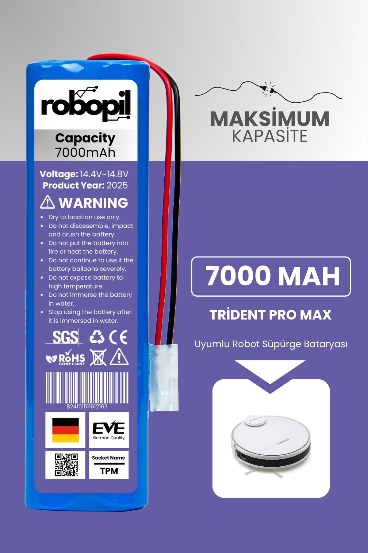 ROBOPİL Trident Pro Max Pil Batarya [Maksimum Kapasite] 7000mah Akıllı Robot Süpürge Bataryası Değişimi