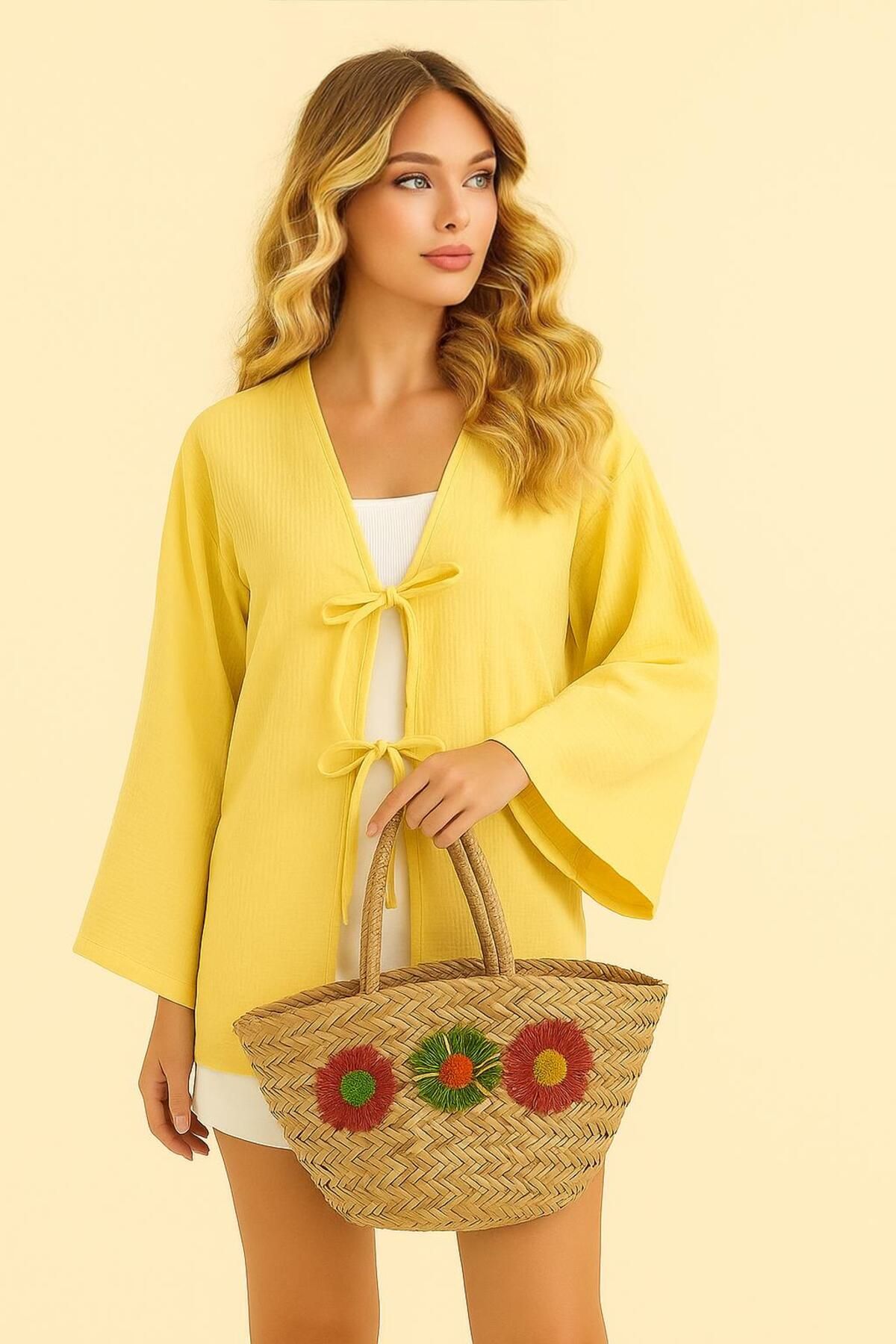 FİOXCO Çift Ön Bağlamalı %100 Muslin Kumaş Oversize Kimono Tunik Üst