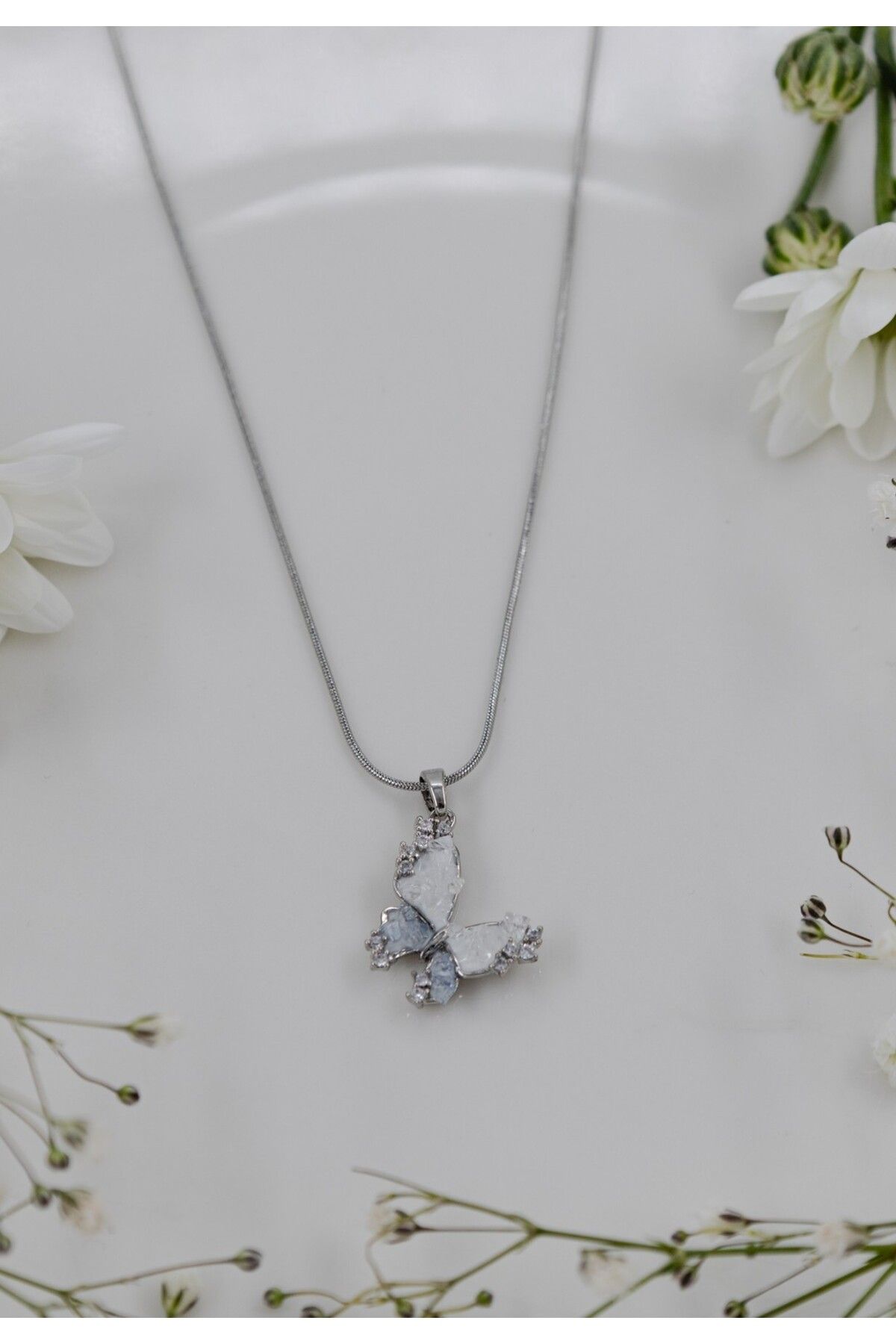 cindyaccessory Paslanmaz Çelik Gümüş Rengi Kelebekli Kolye