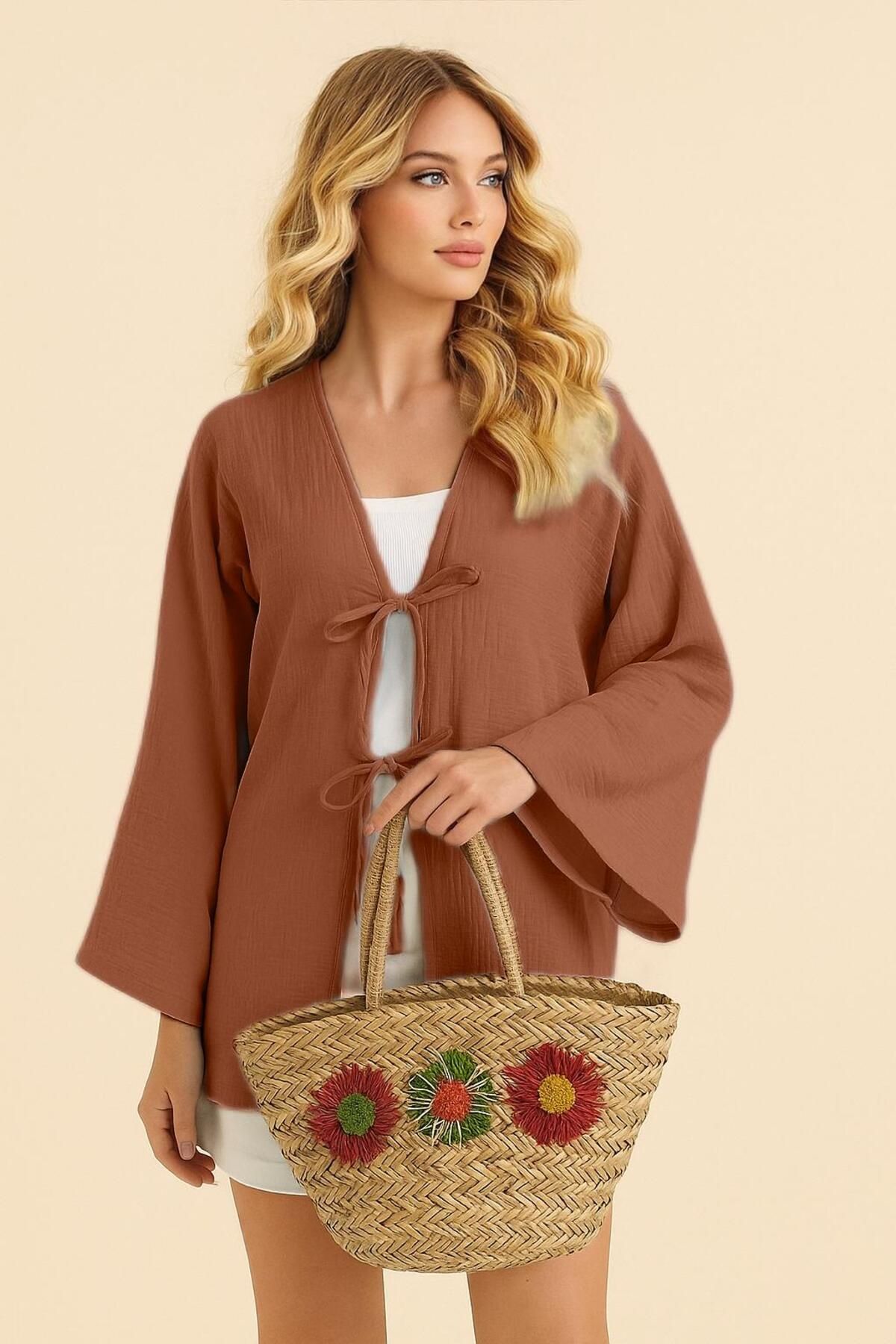 FİOXCO Çift Ön Bağlamalı %100 Muslin Kumaş Oversize Kimono Tunik Üst