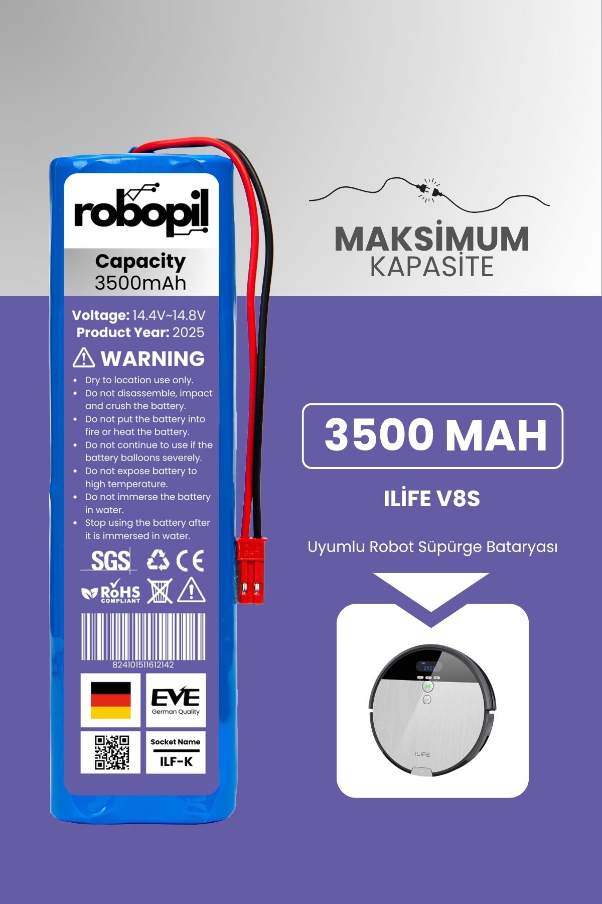 ROBOPİL Ilife V8s Uyumlu Batarya (MAKSİMUM KAPASİTE) 3500mah Pil Robot Süpürge Bataryası Değişimi