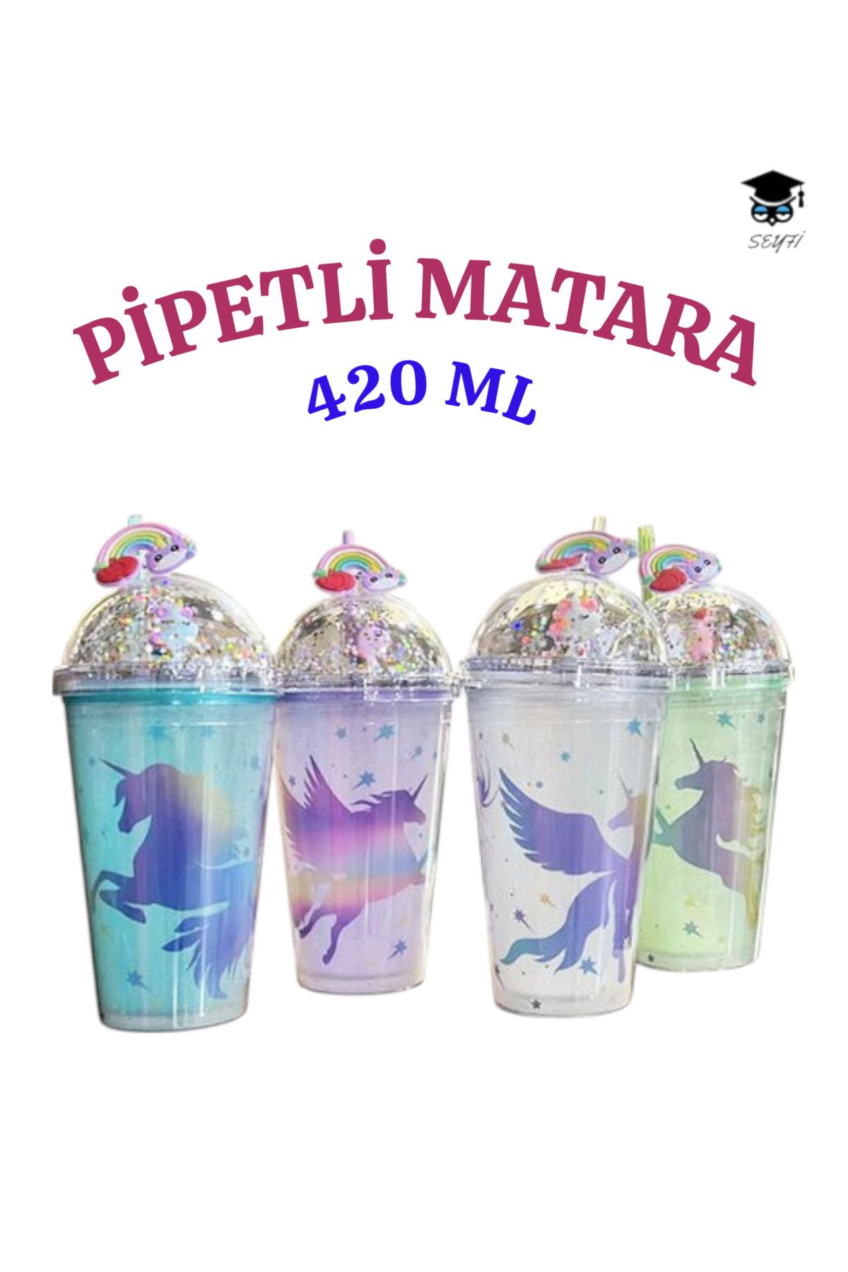 SEYFİKİRTASİYE 1 adet Desenli plastik pipetli bardak 420ml karma renk yollanmaktadır