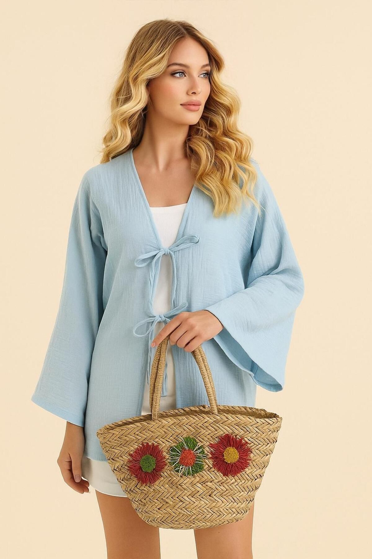 FİOXCO Çift Ön Bağlamalı %100 Muslin Kumaş Oversize Kimono Tunik Üst
