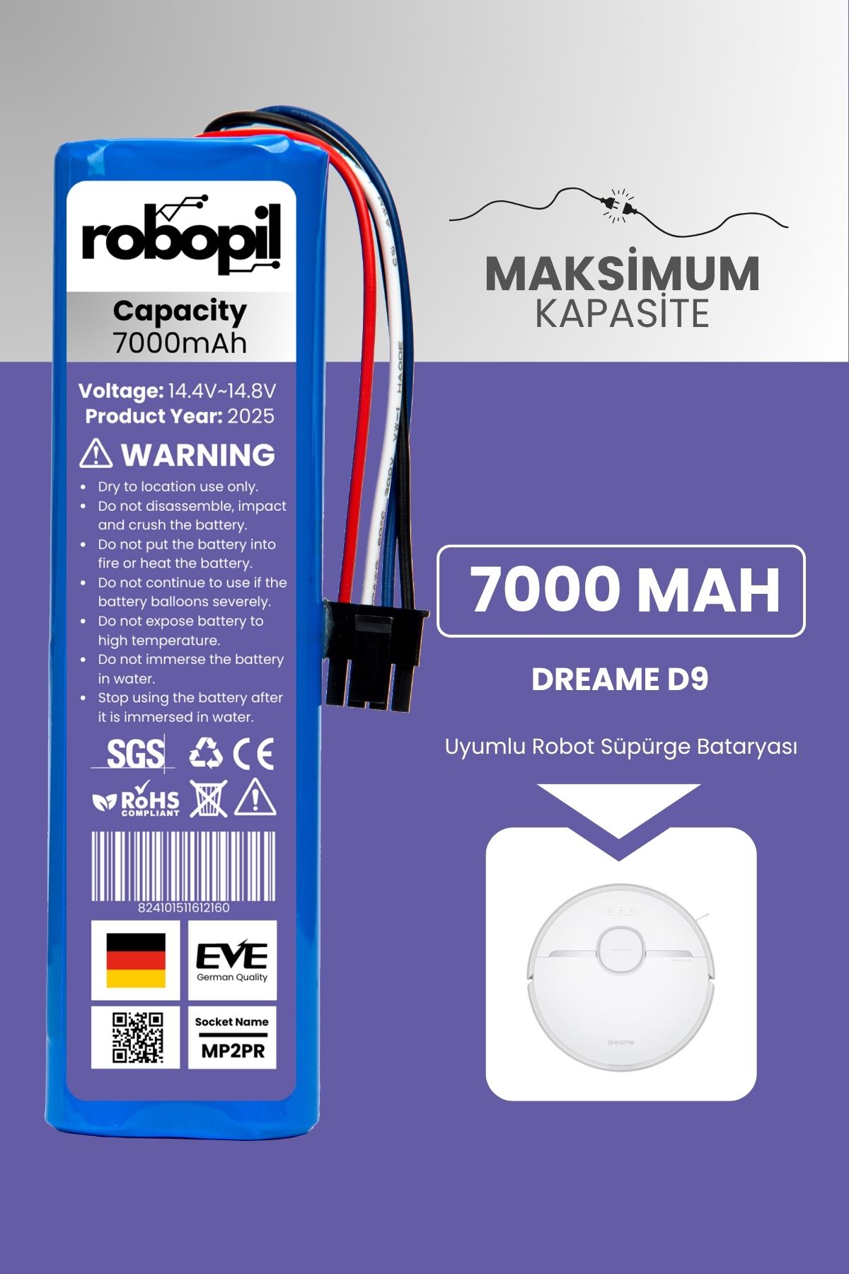 ROBOPİL Dreame D9 Pil Batarya [Maksimum Kapasite] 7000mah Akıllı Robot Süpürge Bataryası Değişimi