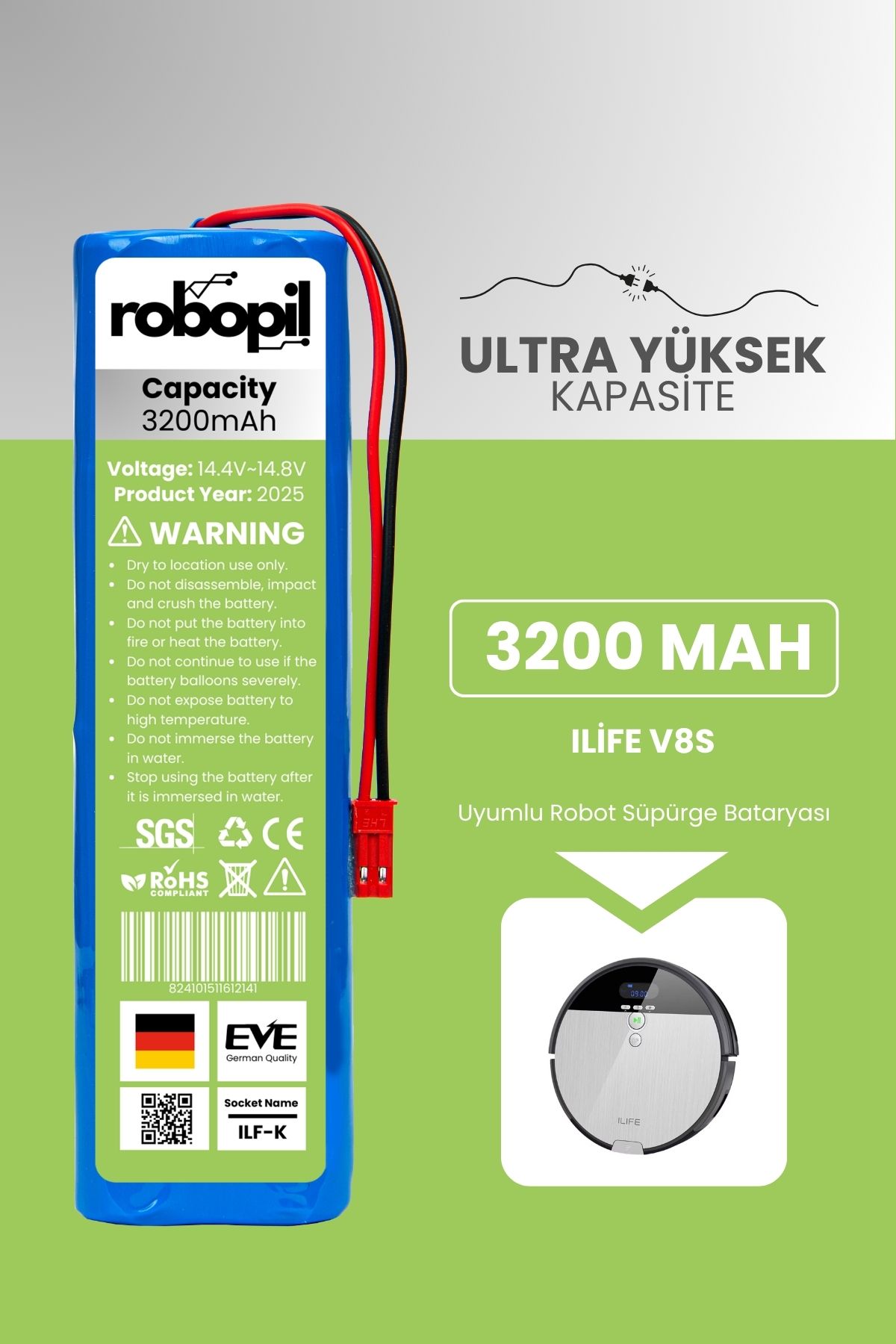 ROBOPİL Ilife V8s Uyumlu Batarya (ULTRA YÜKSEK KAPASİTE) 3200mah Pil Robot Süpürge Bataryası Değişimi