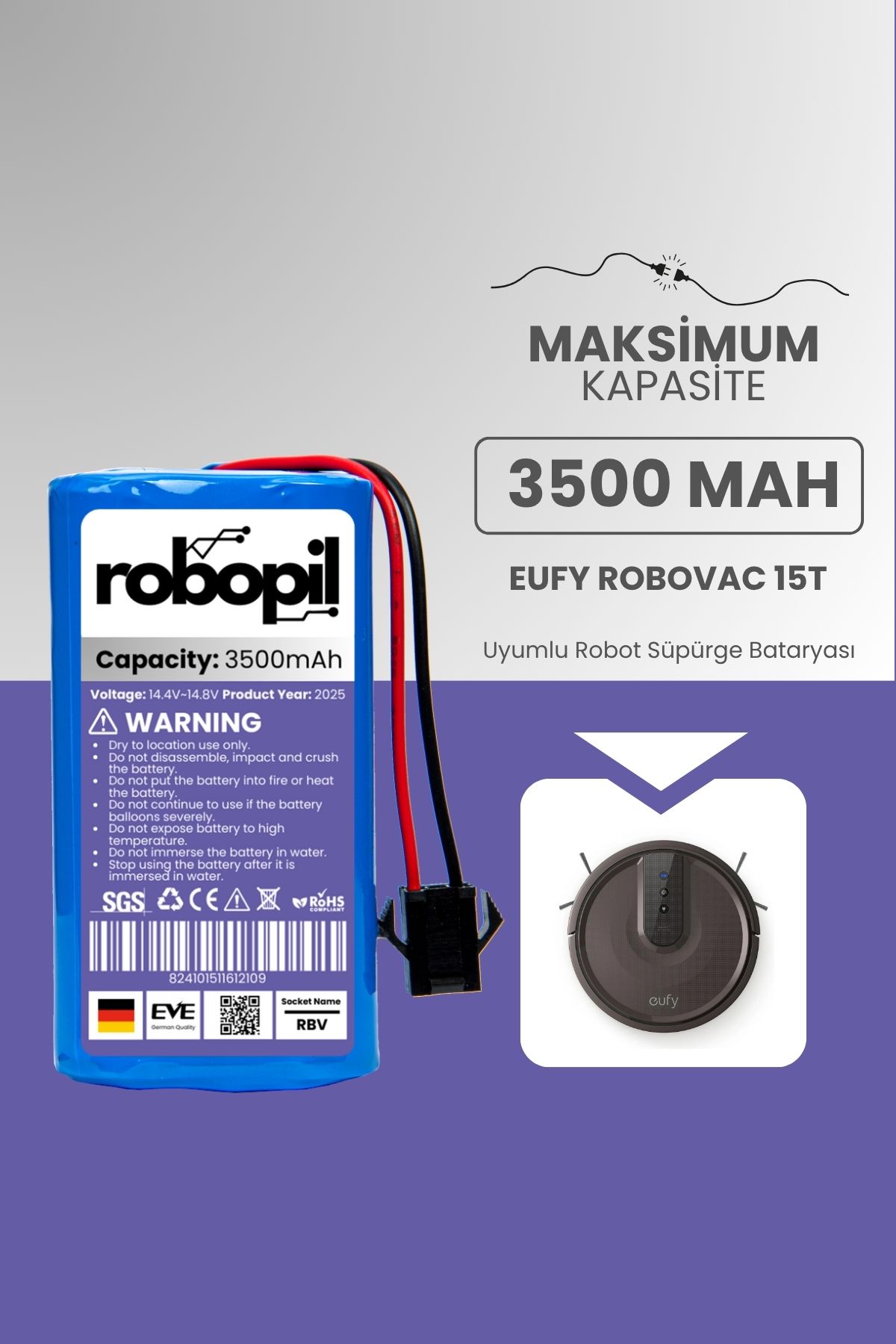 ROBOPİL Eufy Robovac 15t Pil Batarya [Maksimum Kapasite] 3500mah Akıllı Robot Süpürge Bataryası Değişimi