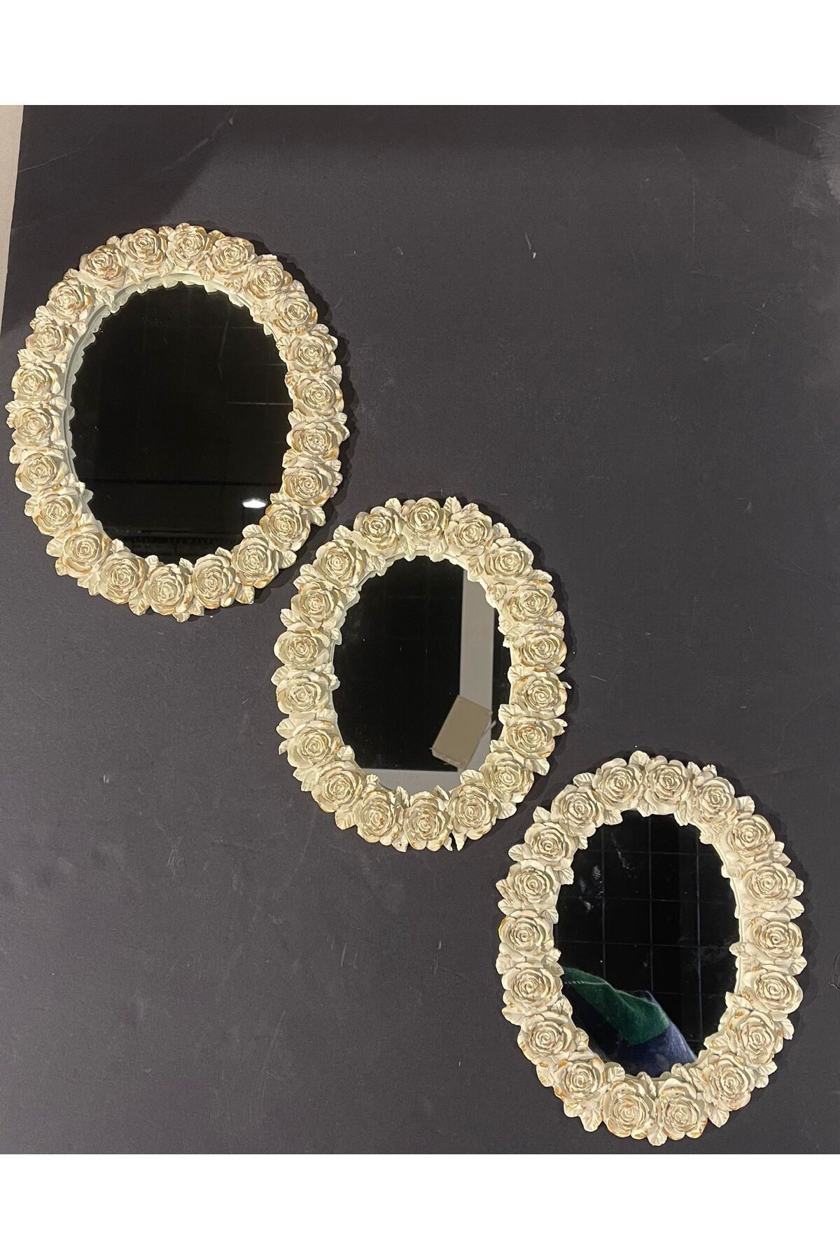 Elioure Şık Dekoratif Üçlü Çiçek Desenli Polyester Ayna Takımı Krem Gold Eskitme
