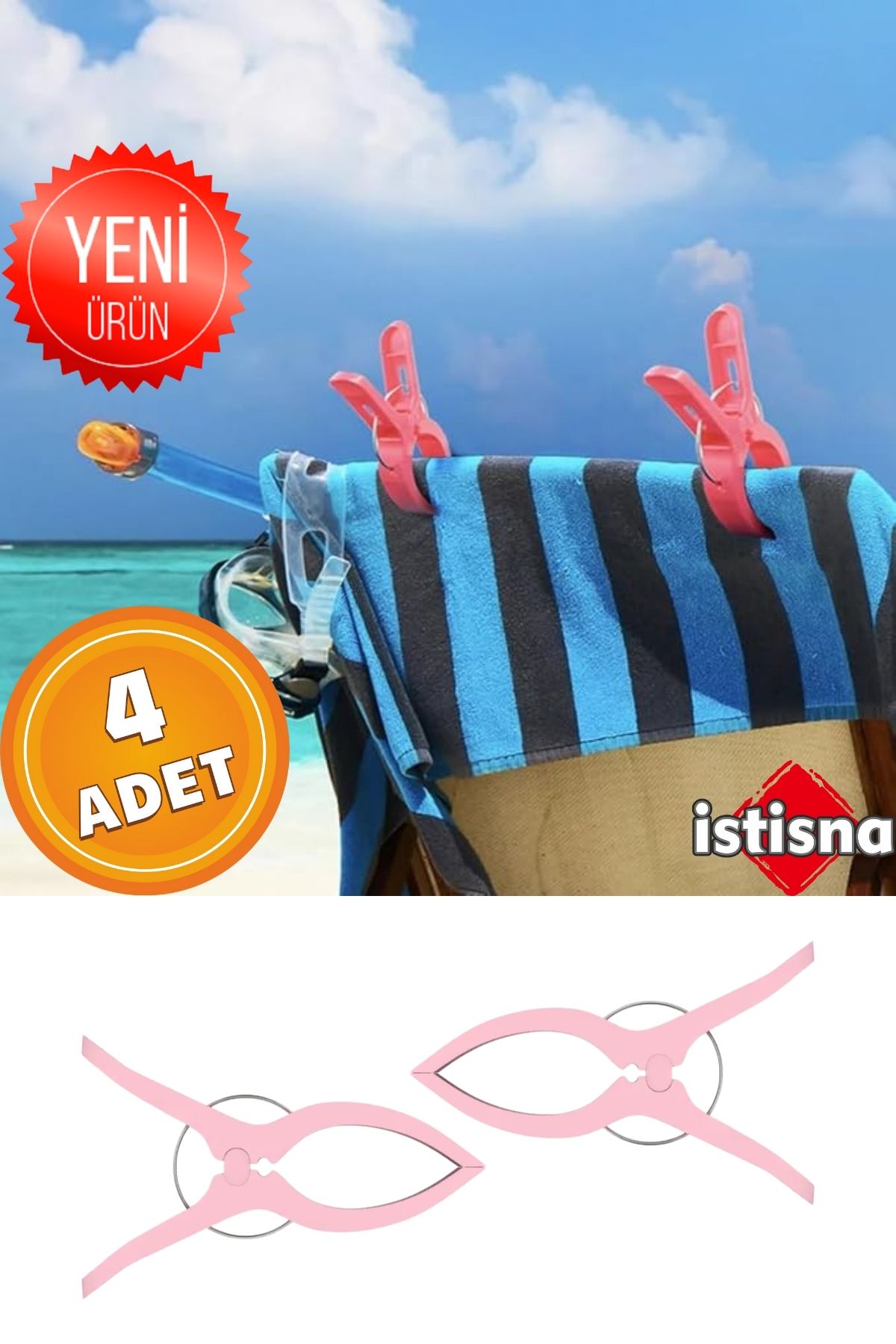 İstisna 4 Adet XXL Büyük Boy Şezlong Plaj Havlusu Mandalı Halı Asma Battaniye ve Havlu Tutucu Mandal