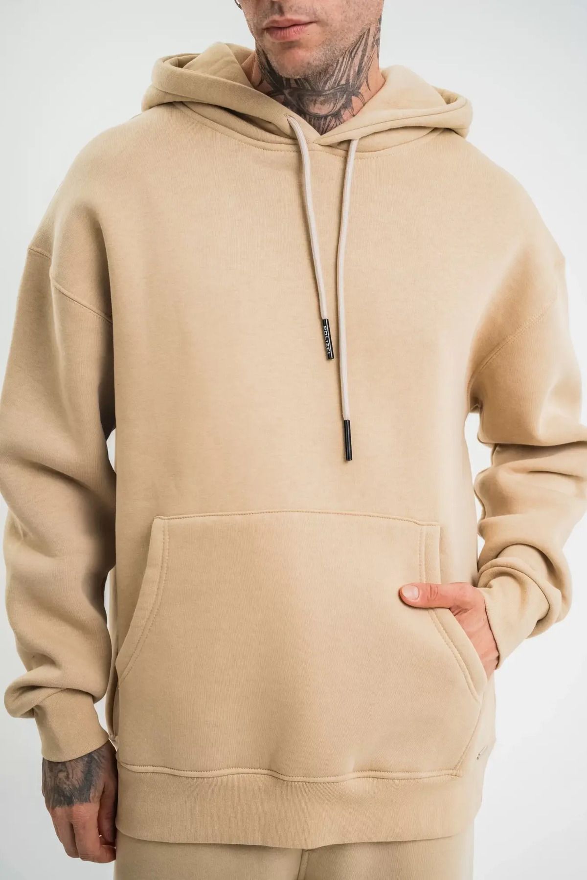 Byozze Unisex Double Oversize Kapşonlu Basic SweatShirt - Bej