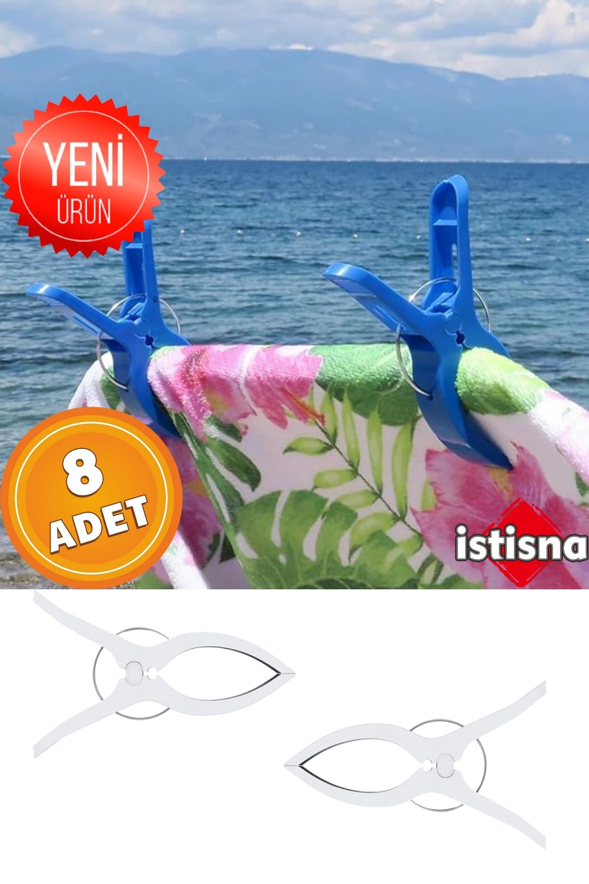 İstisna 8 Adet XXL Büyük Boy Şezlong Plaj Havlusu Mandalı Halı Asma Battaniye ve Havlu Tutucu Mandal