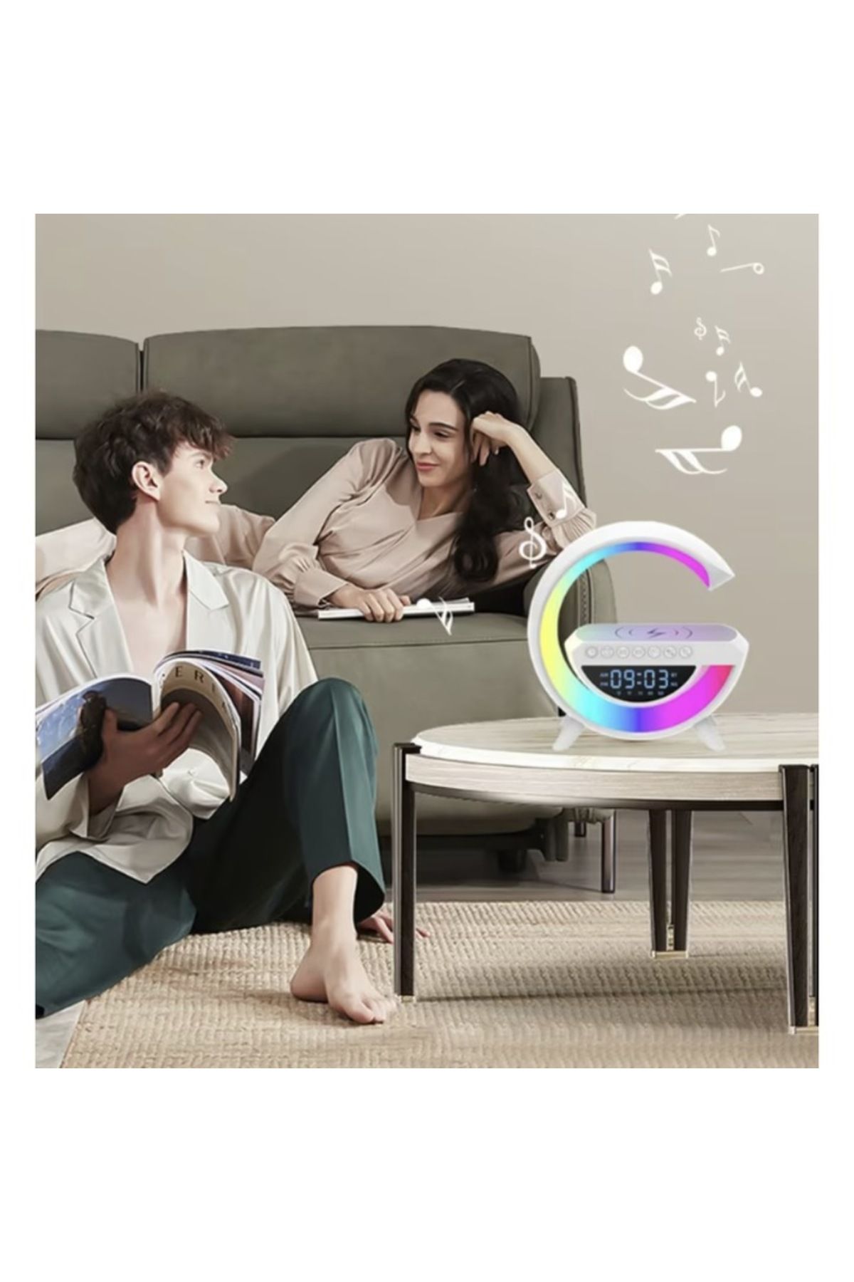 Generic-15W 4 in 1 Fast Wireless Charger with Clock, Speaker, 7-Color RGB LED Smart Lamp, Radio 5