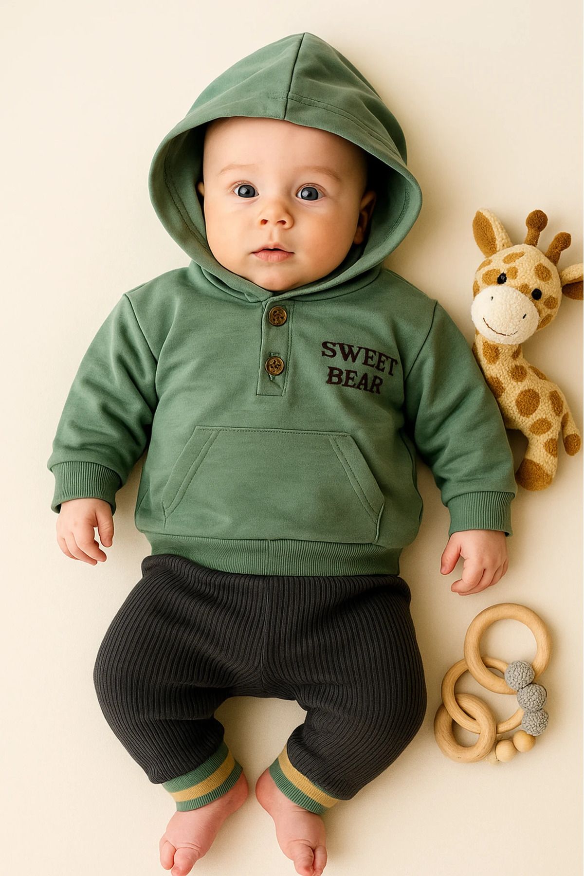 Çıldırıns Sweet Bear Baskılı Kapüşonlu 2’li Bebek Takım