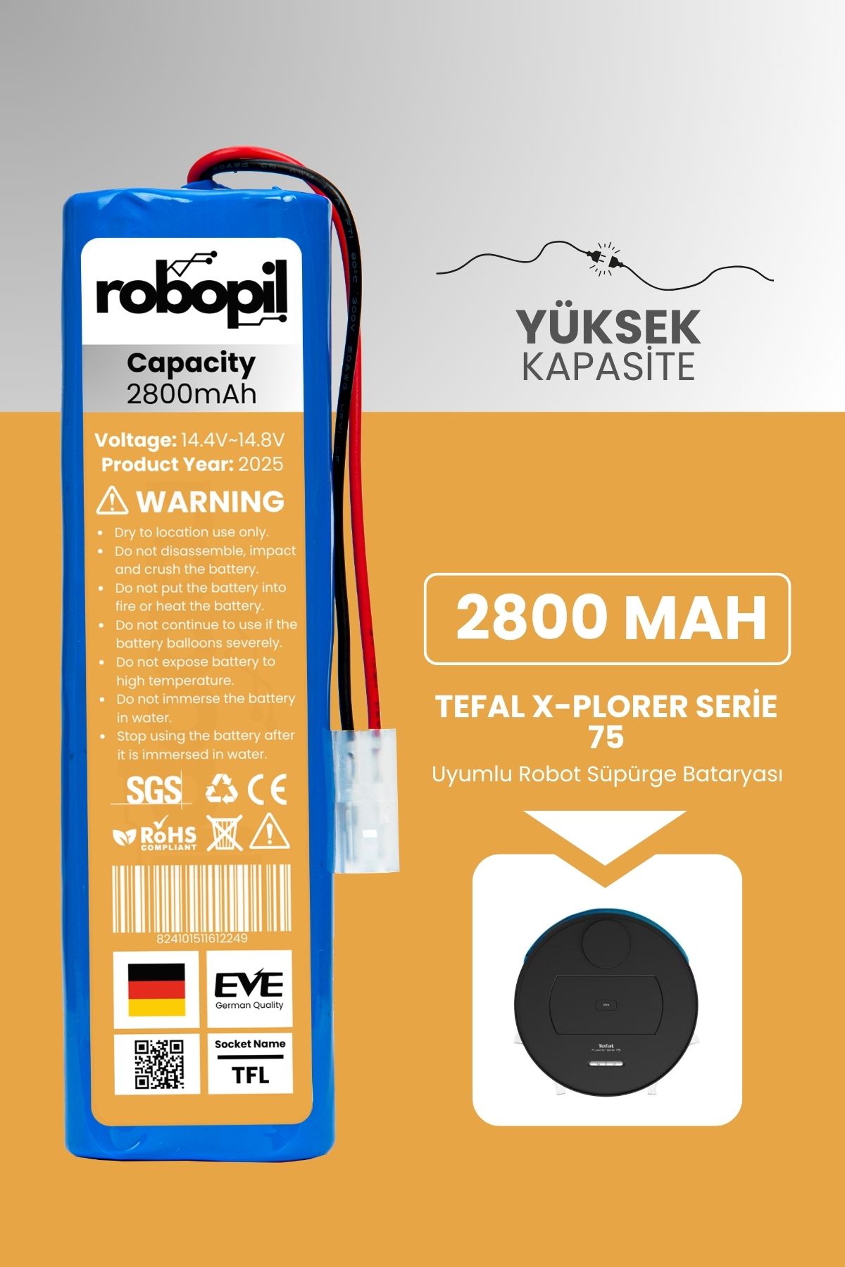 ROBOPİL Tefal X-Plorer Serie 75 Robot Süpürge Bataryası (YÜKSEK KAPASİTE) 2800mAh Robot Süpürge Pil