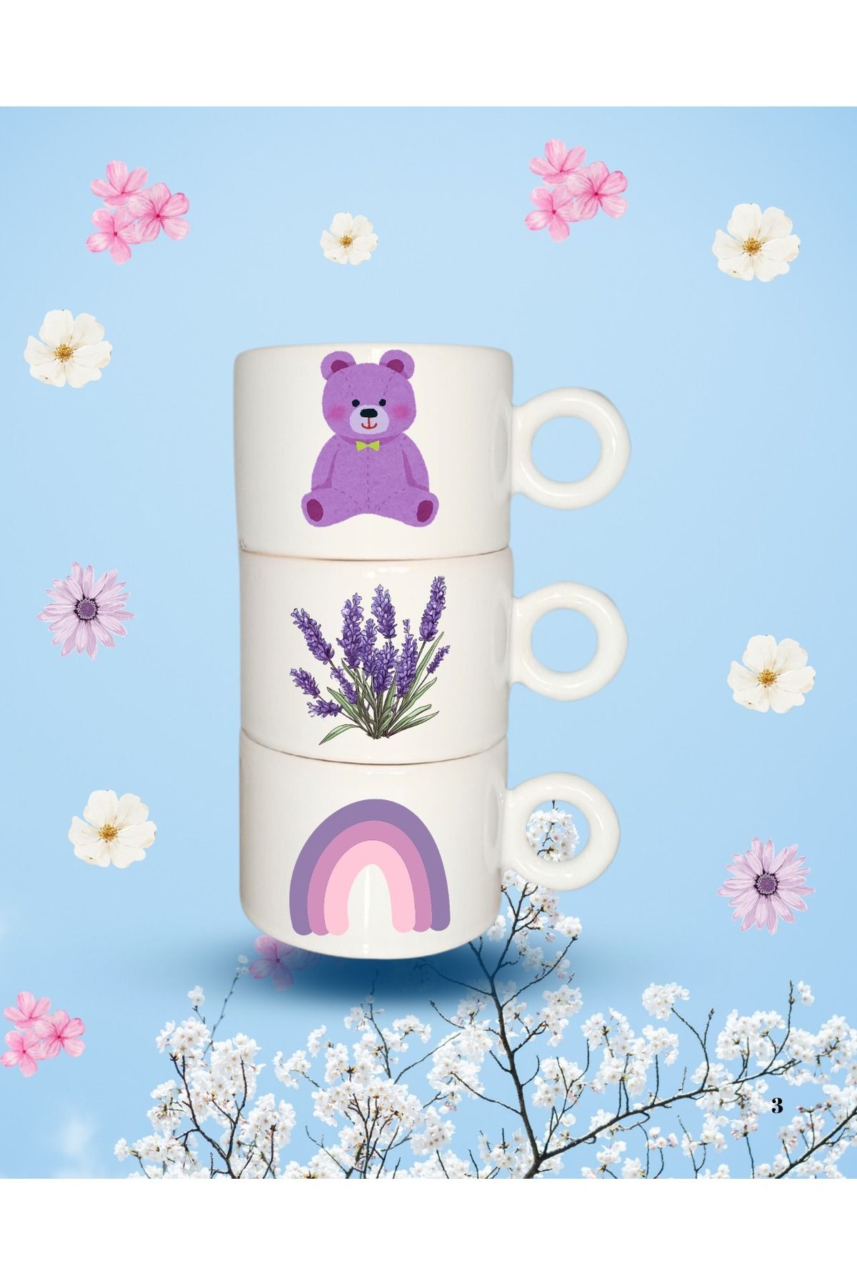 blue lavender Ayıcık Baskılı kupa t kupa ve yuvarlak kulplu kupalar