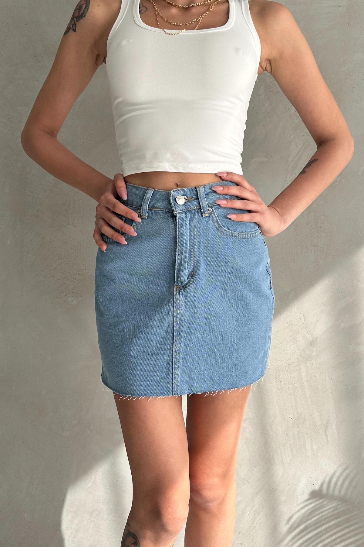 ZAROLİ Dikişsiz Cepli Kısa Denim Etek