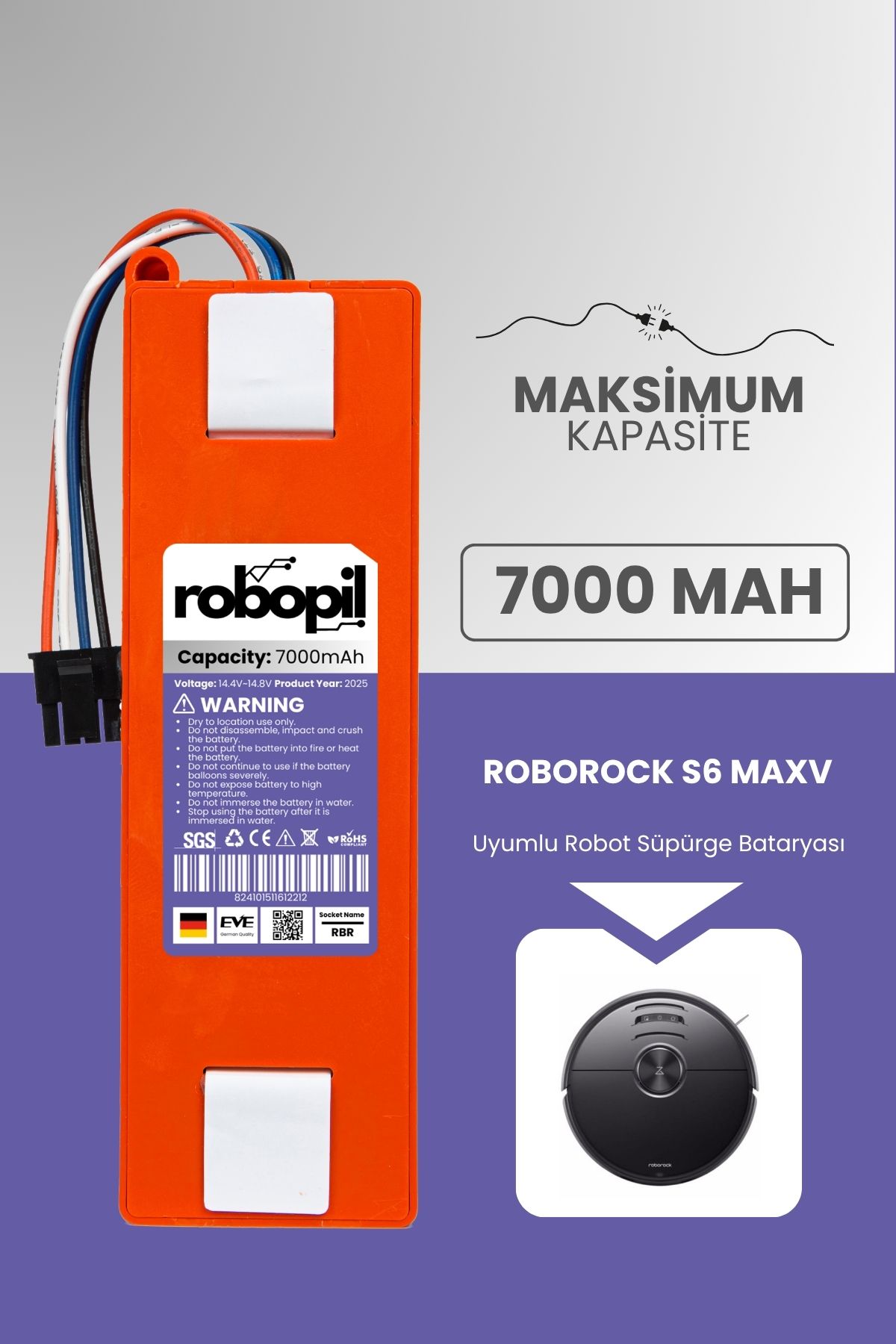 ROBOPİL Roborock S6 Maxv Pil Batarya Kutulu [Maksimum Kapasite] 7000mah Robot Süpürge Bataryası Değişimi