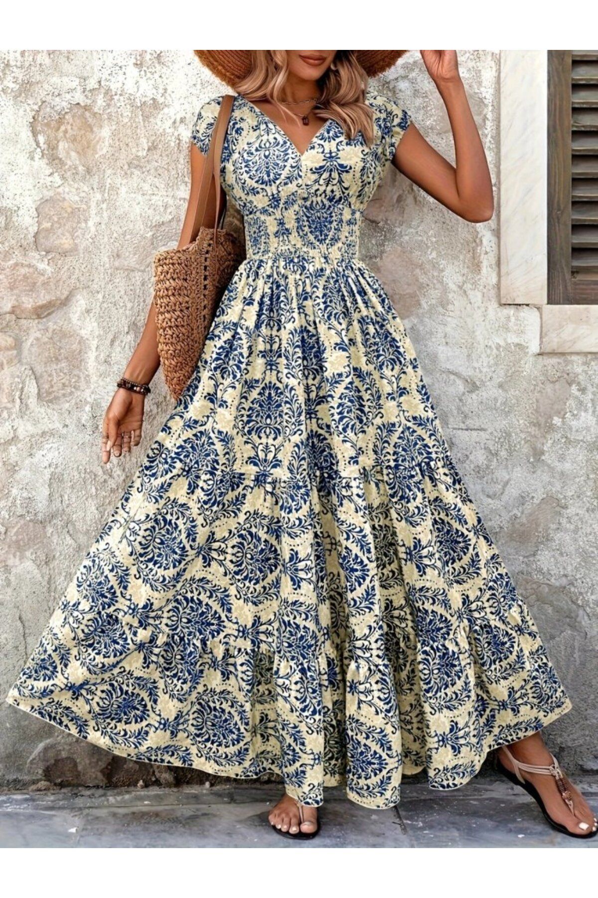 novafems Kadın Kısa Kollu Kruvaze Yaka Beli Lastikli Süprem Maksi Boy Elbise