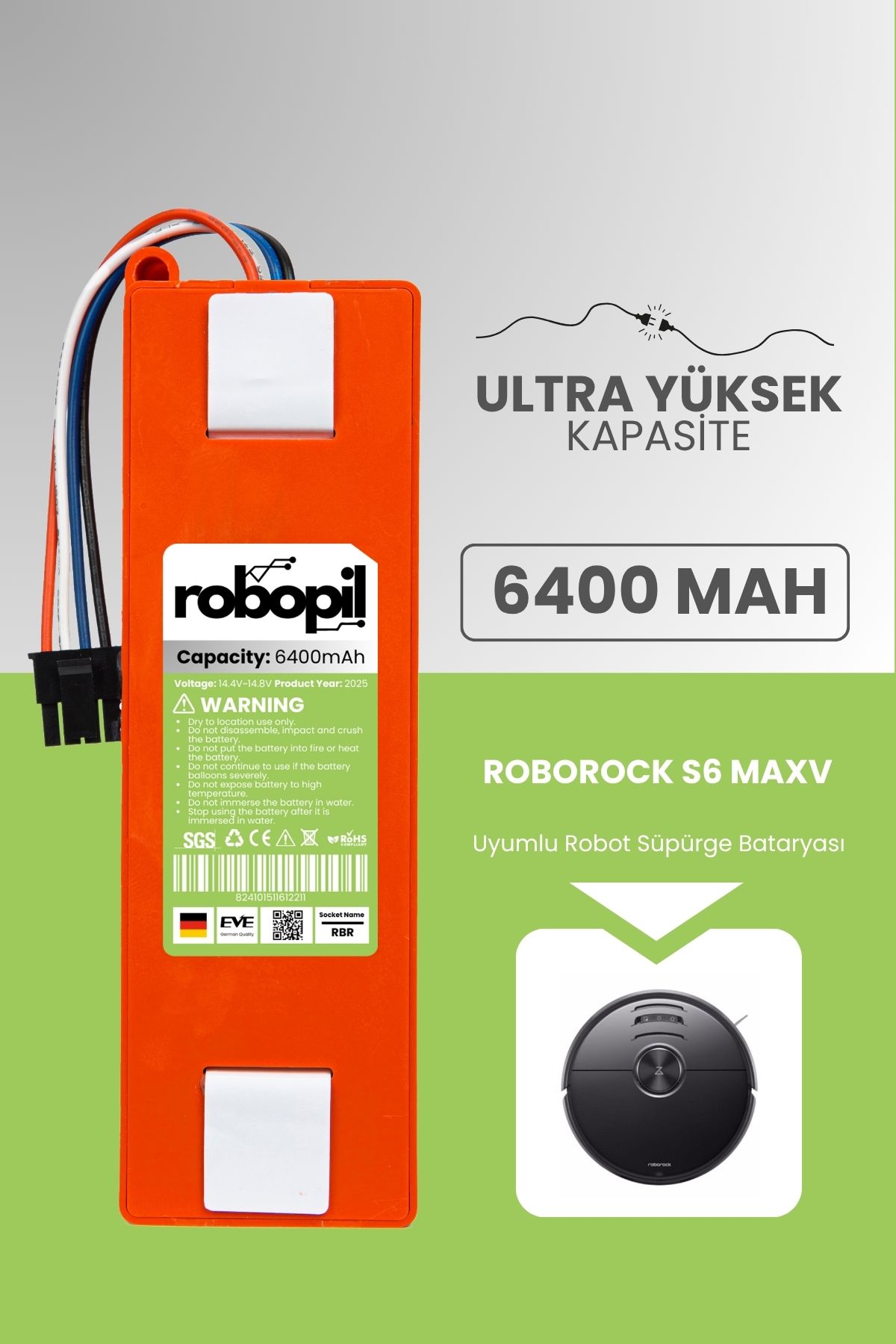 ROBOPİL Roborock S6 Maxv Pil Batarya Kutulu [Ultra Yüksek Kapasite] 6400mah Robot Süpürge Bataryası Değişimi