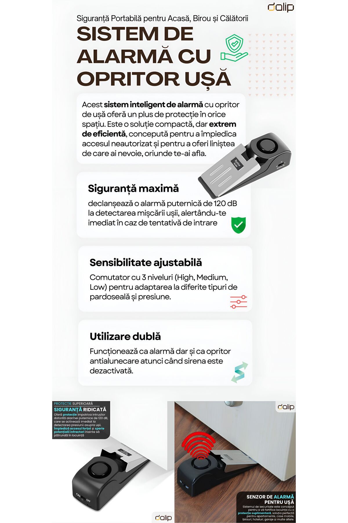 ONSG-Door Stop with Alarm System, Dalip, Anti-Burglar with 120dB Alarm, Adjustable Sensitivity, Black 5