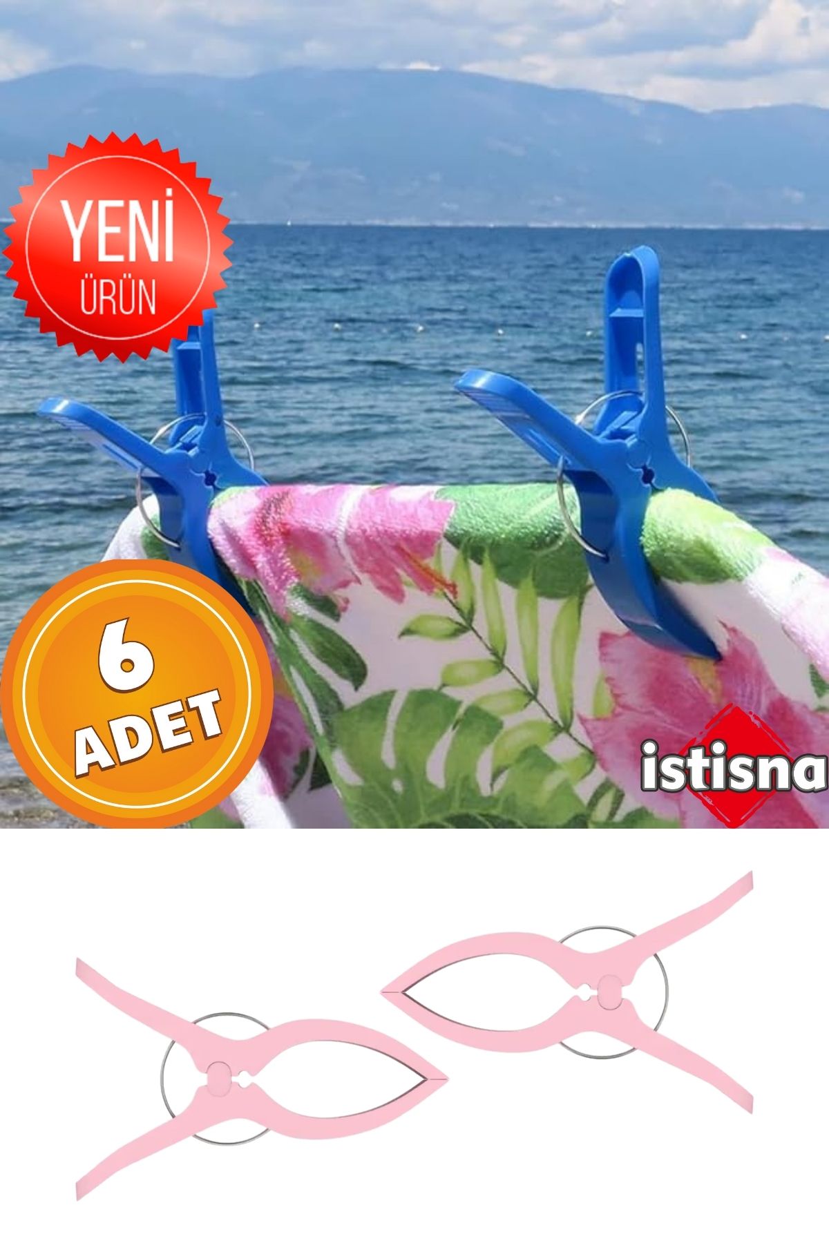 İstisna 6 Adet XXL Büyük Boy Şezlong Plaj Havlusu Mandalı Halı Asma Battaniye ve Havlu Tutucu Mandal