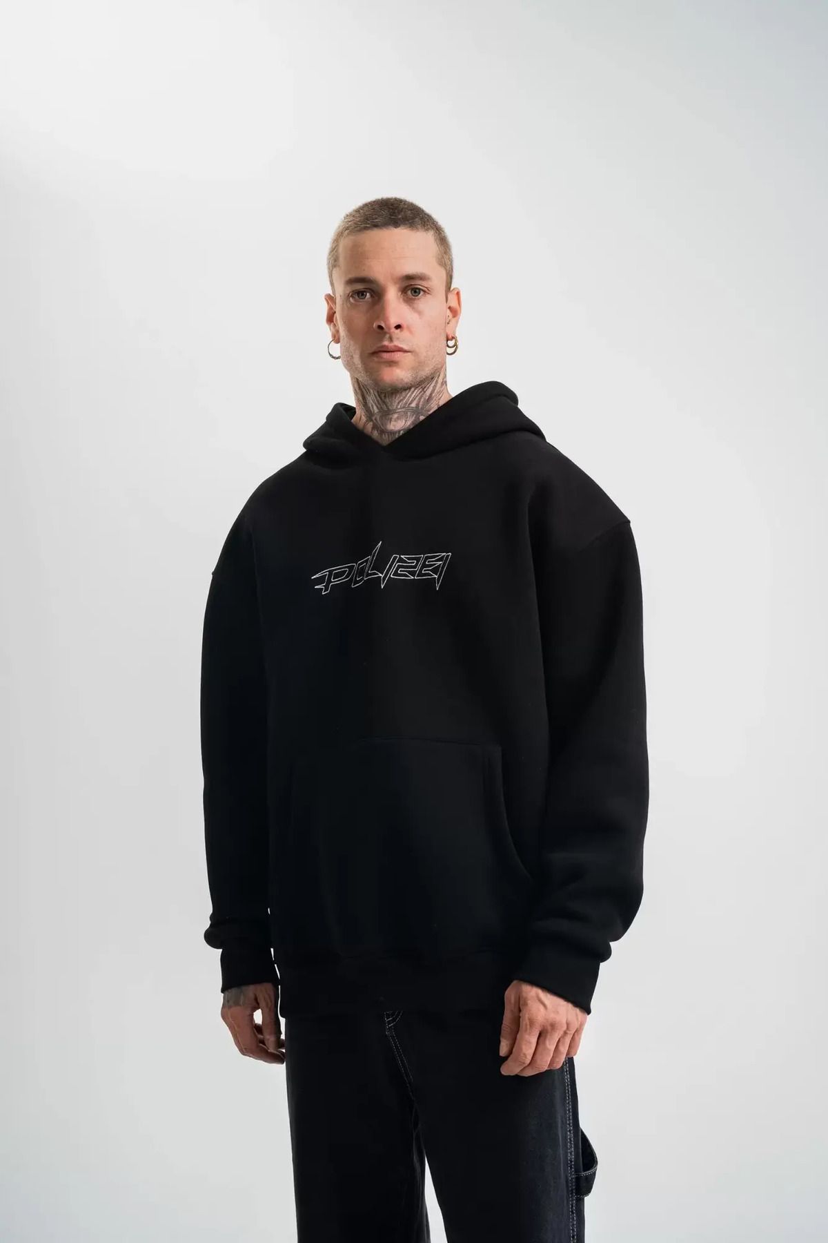 Byozze Unisex Üç İplik Kapşonlu Nakışlı SweatShirt - Siyah