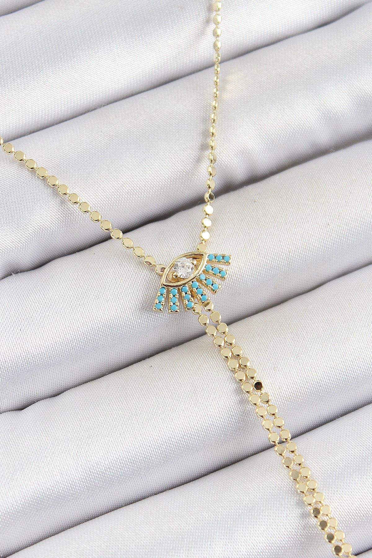 STYLE OF CARMEN Pirinç Zirkon Taşlı Göz Figürlü Y Model Ezme Zincir Gold Renk Kadın Kolye