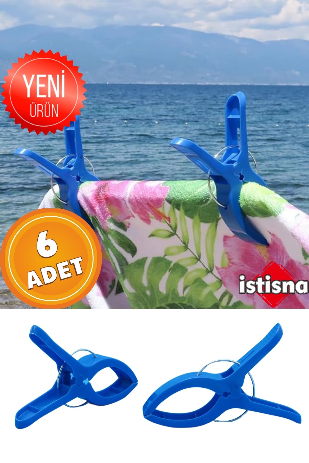 İstisna 6 Adet XXL Büyük Boy Şezlong Plaj Havlusu Mandalı Halı Asma Battaniye ve Havlu Tutucu Mandal