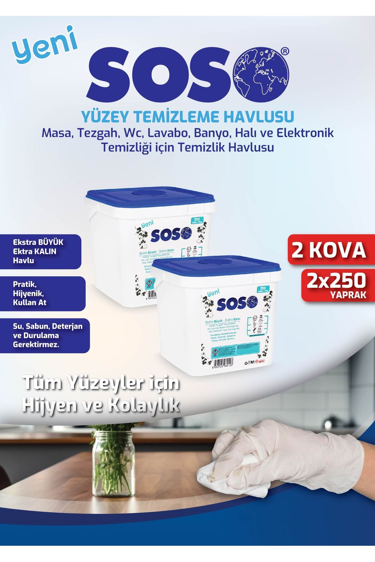 SOSOmarket 2 adet X 250 Yaprak - Soso Kova Beyaz Sabun Kokulu Sirkeli Karbonatlı Yüzey Temizleme Mendili FERRG