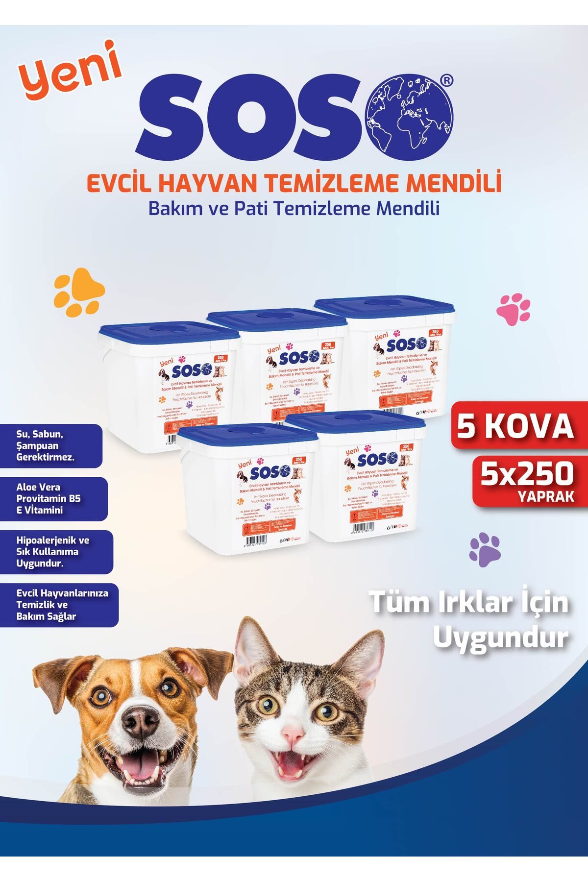 SOSOmarket 5 adet X 250 Yaprak - Soso Kova Evcil Hayvan Kedi Köpek Pati ve Vücut Temizleme Mendili YNSMR