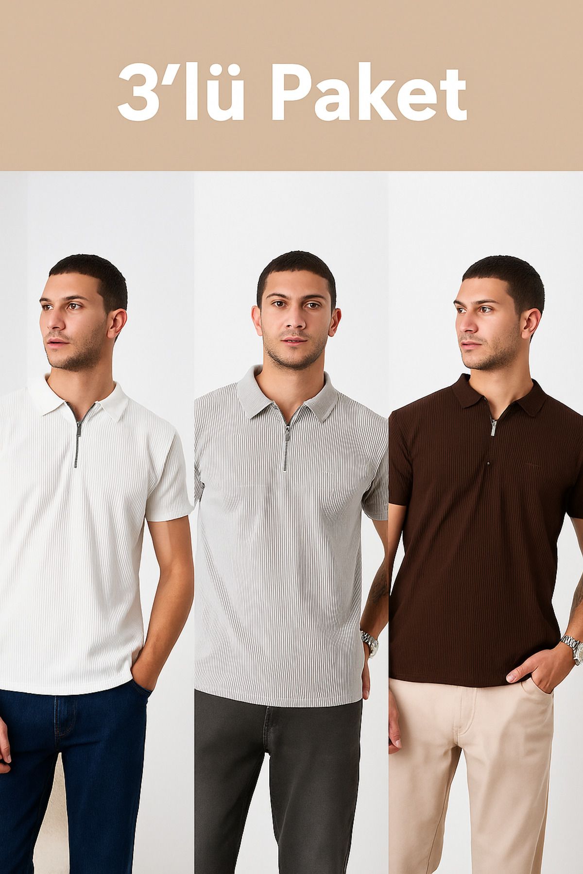 DAMGA JEANS Erkek 3' Lü Paket Fermuarlı Bol Polo Yaka Tişört