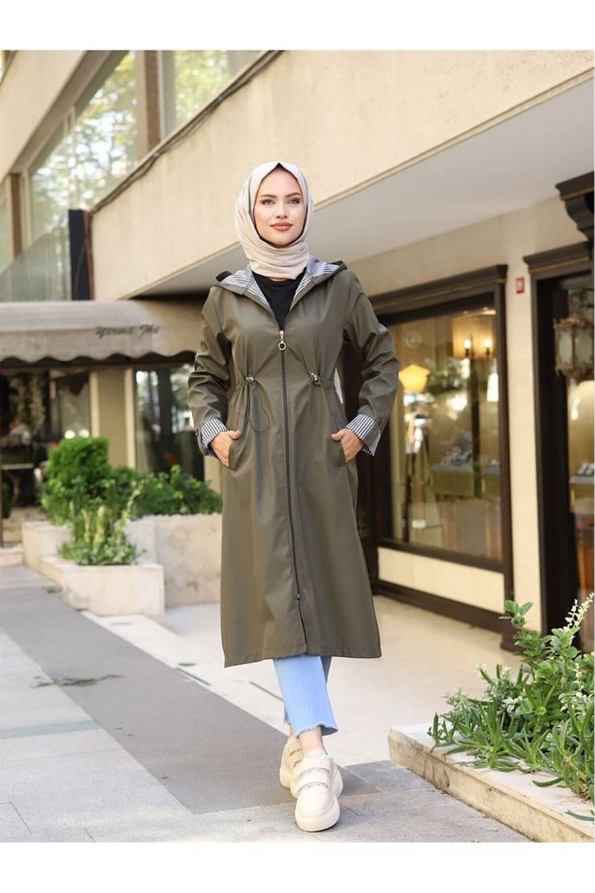 ULUEL STORE Çizgili Ve Kapüşonlu Mevsimlik Trençkot