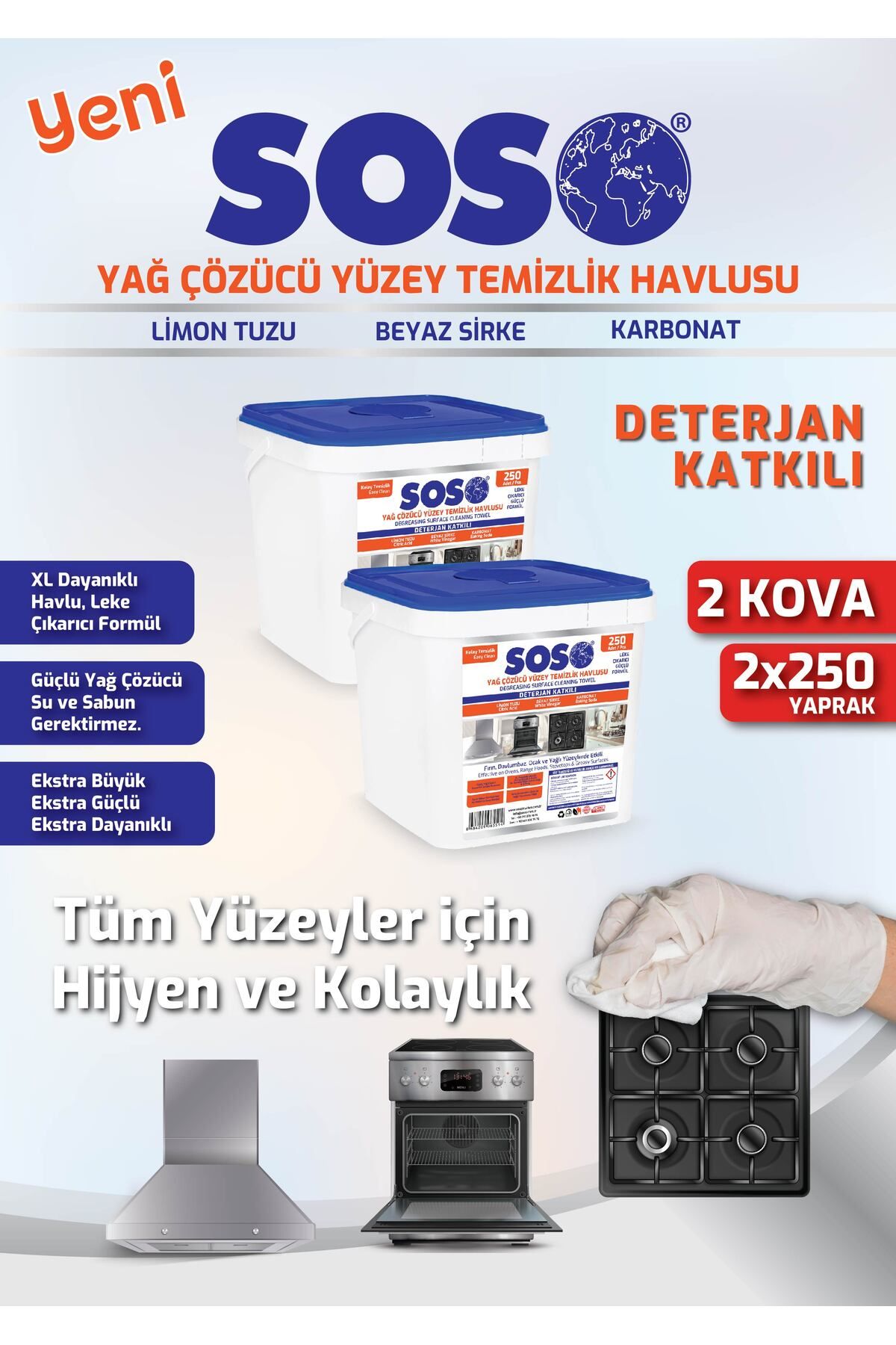 SOSOmarket 2 adet X 250 Yaprak - Soso Özel Formüllü Kova Yağ Çözücü Yüzey Temizleme Mendili GLSTD