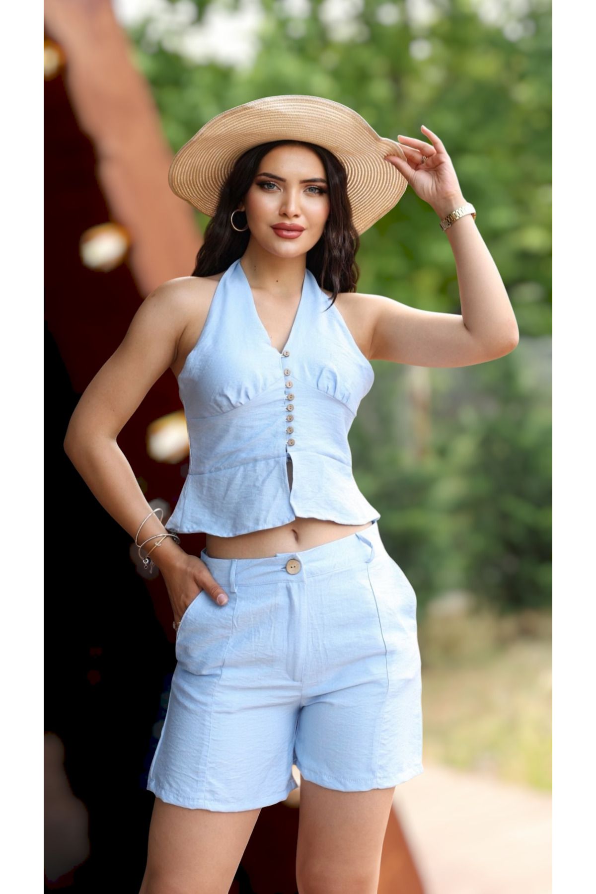 Modontik Keten Halter Yaka Düğmeli Bluz ve Şort Takım