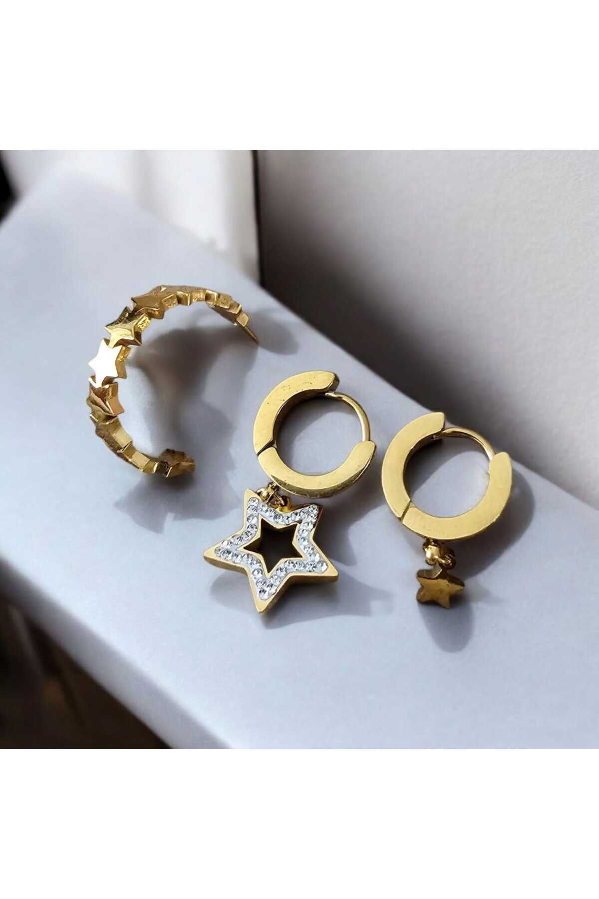 ekacsessories Yıldız Figürlü Zirkon Taşlı Altın Renk 3'lü Kadın Çelik Küpe Seti