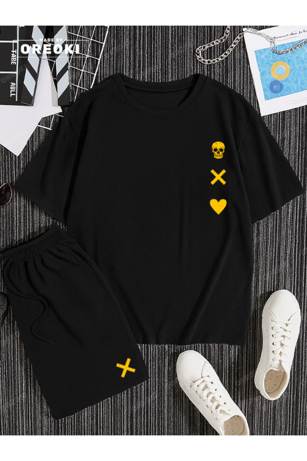 EFFRENATU Aşk, Ölüm DELUXE EDITION Baskılı Pamuklu Unisex Siyah Tişört-siyah Şort Takım