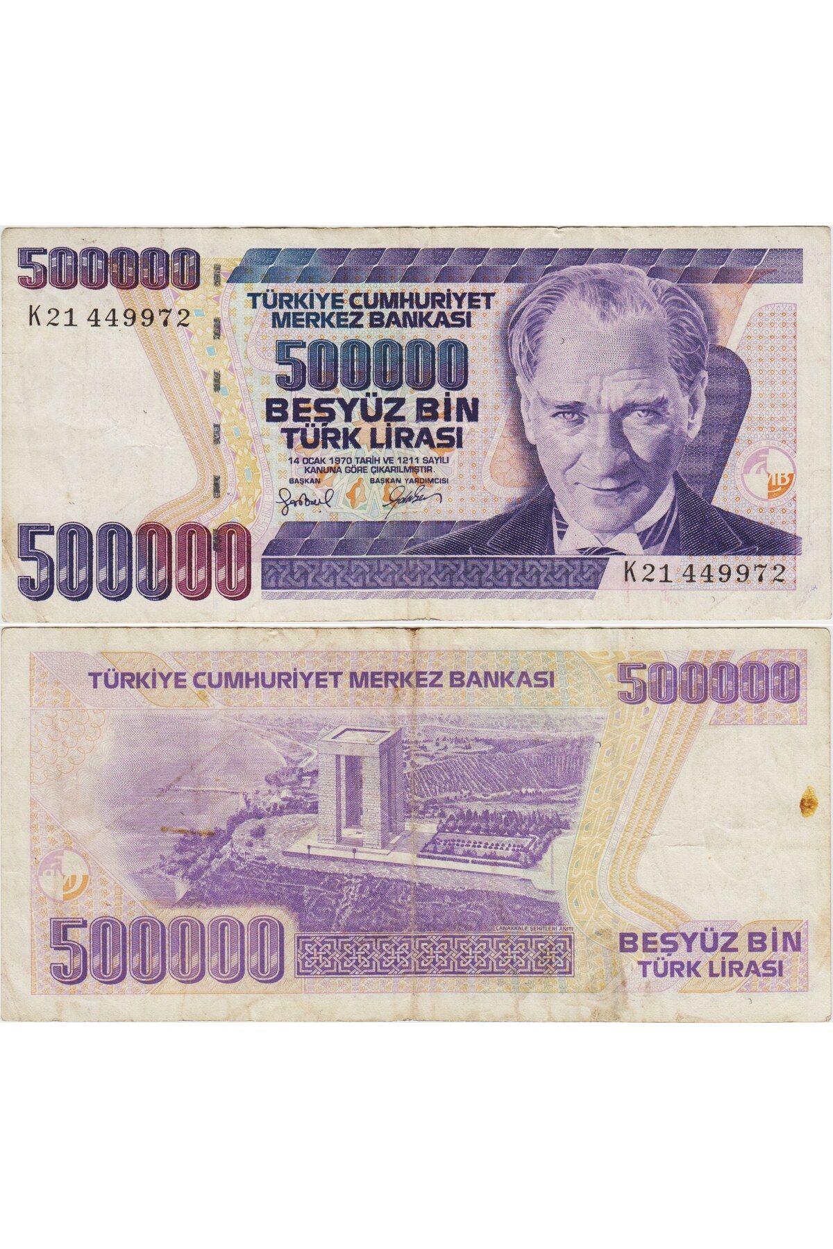 Banknoting TÜRKİYE CUMHURİYETİ 7. EMİSYON 4. TERTİP 500.000 LİRA K21. ÇOK TEMİZ+ KONDİSYON.