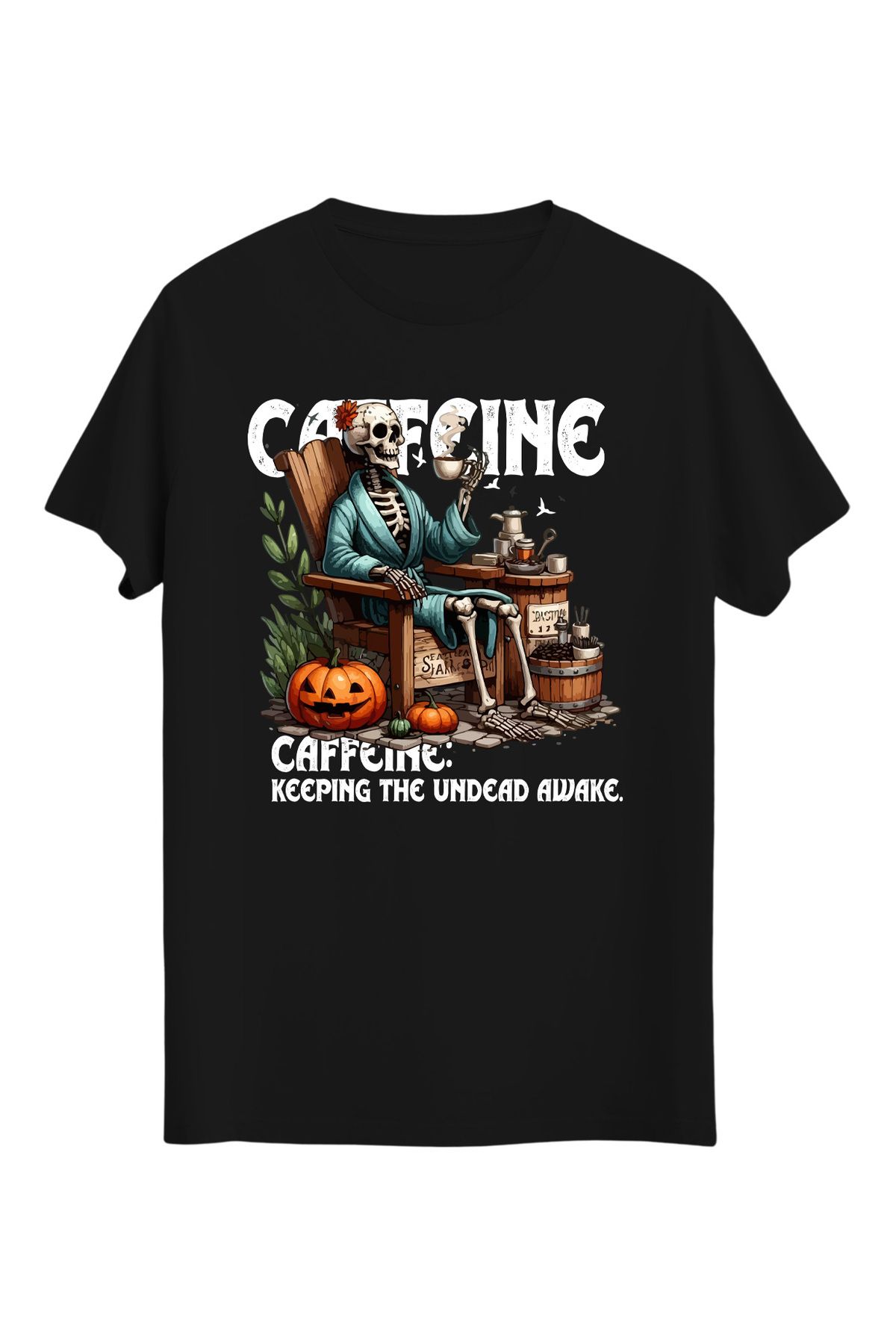 srcmarket Dark Gothic Severlere Özel, Kahveci Kurukafa Baskılı Unisex Tshirt