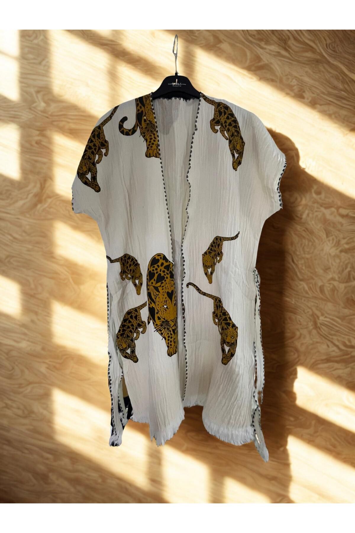 TekStilize Deniz Grubu Leopar Desenli Kimono (%100 PAMUKLU)
